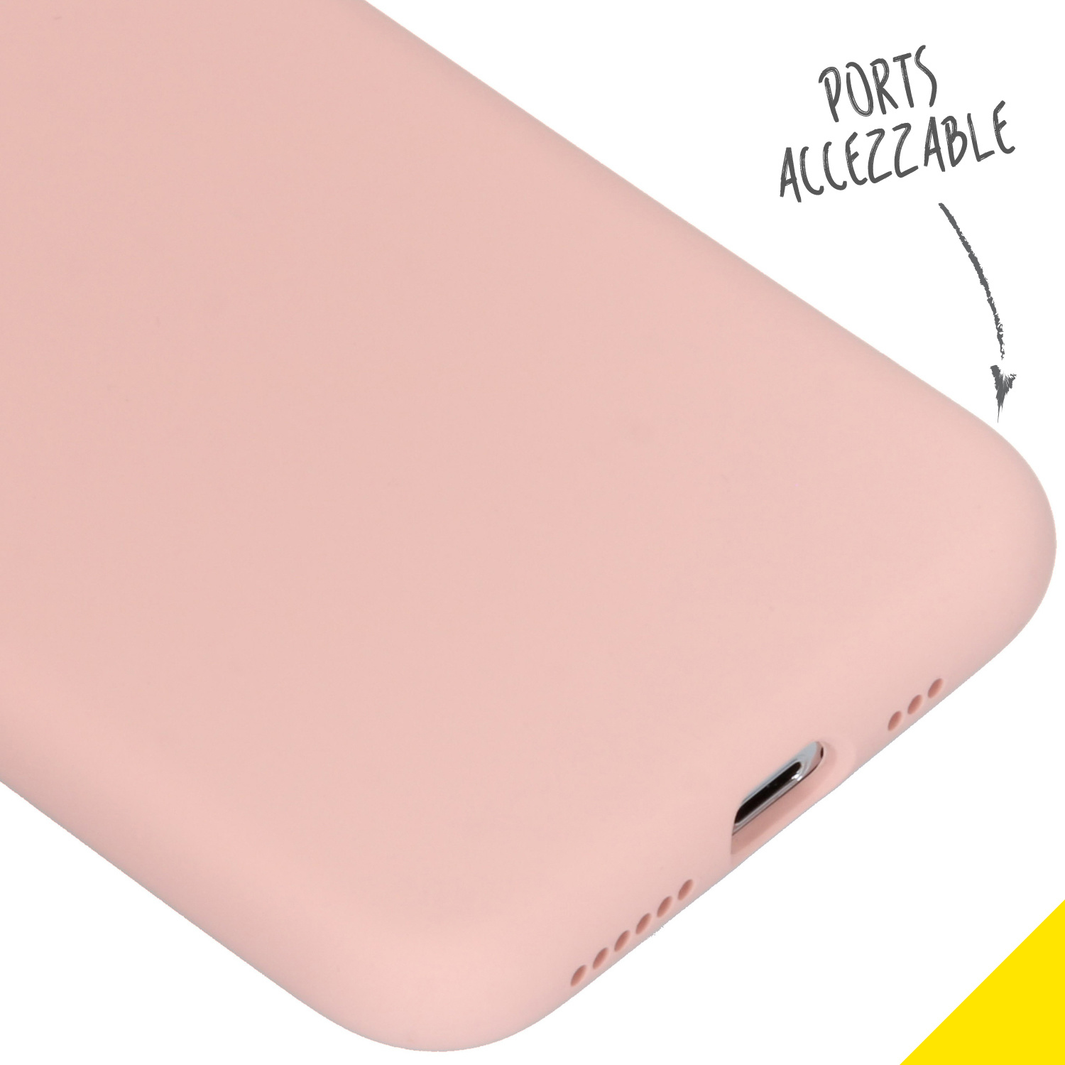 Nahaufnahme einer rosa Handyhülle mit den Worten 'Ports Accessible' und einem Pfeil auf die Anschlüsse.