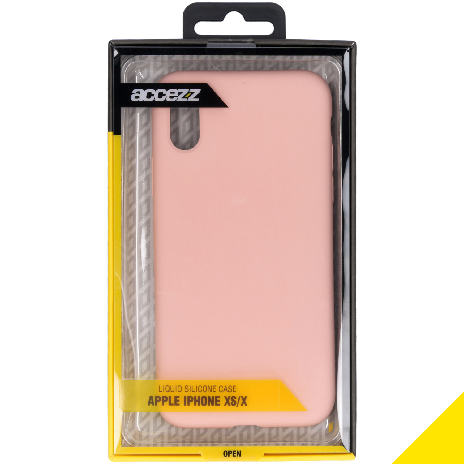 Rosafarbene Flüssigsilikonhülle für Apple iPhone XS/X, präsentiert in einer durchsichtigen Plastikverpackung.