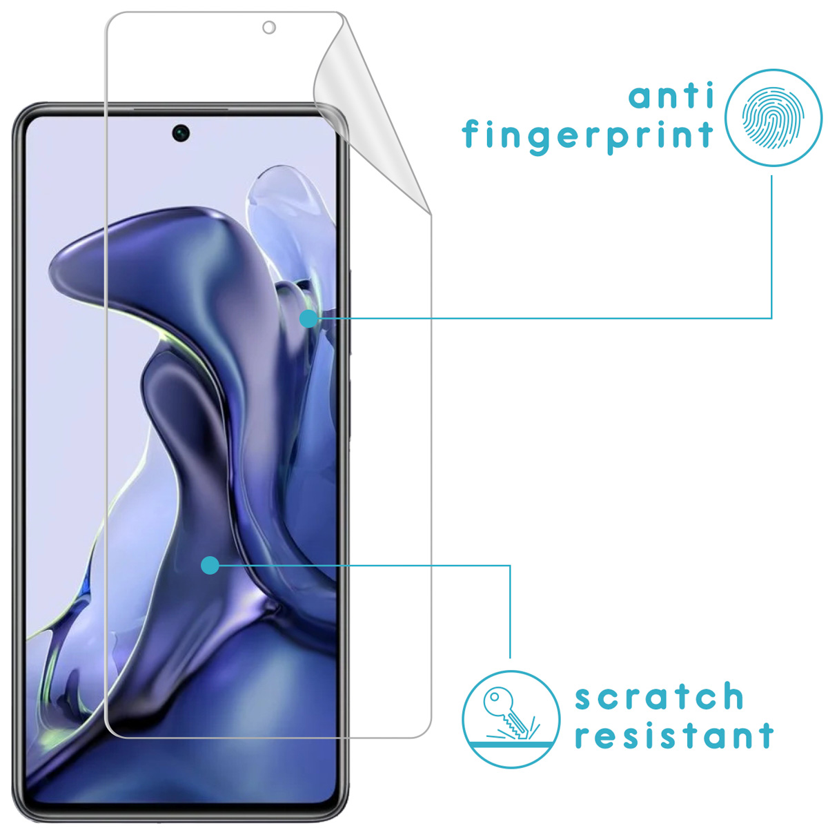 Phone with a screen protector. Anti-fingerprint and scratch resistant features are highlighted.