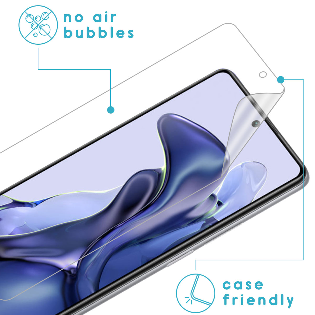 Phone with screen protector being applied. Features: no air bubbles and case friendly.
