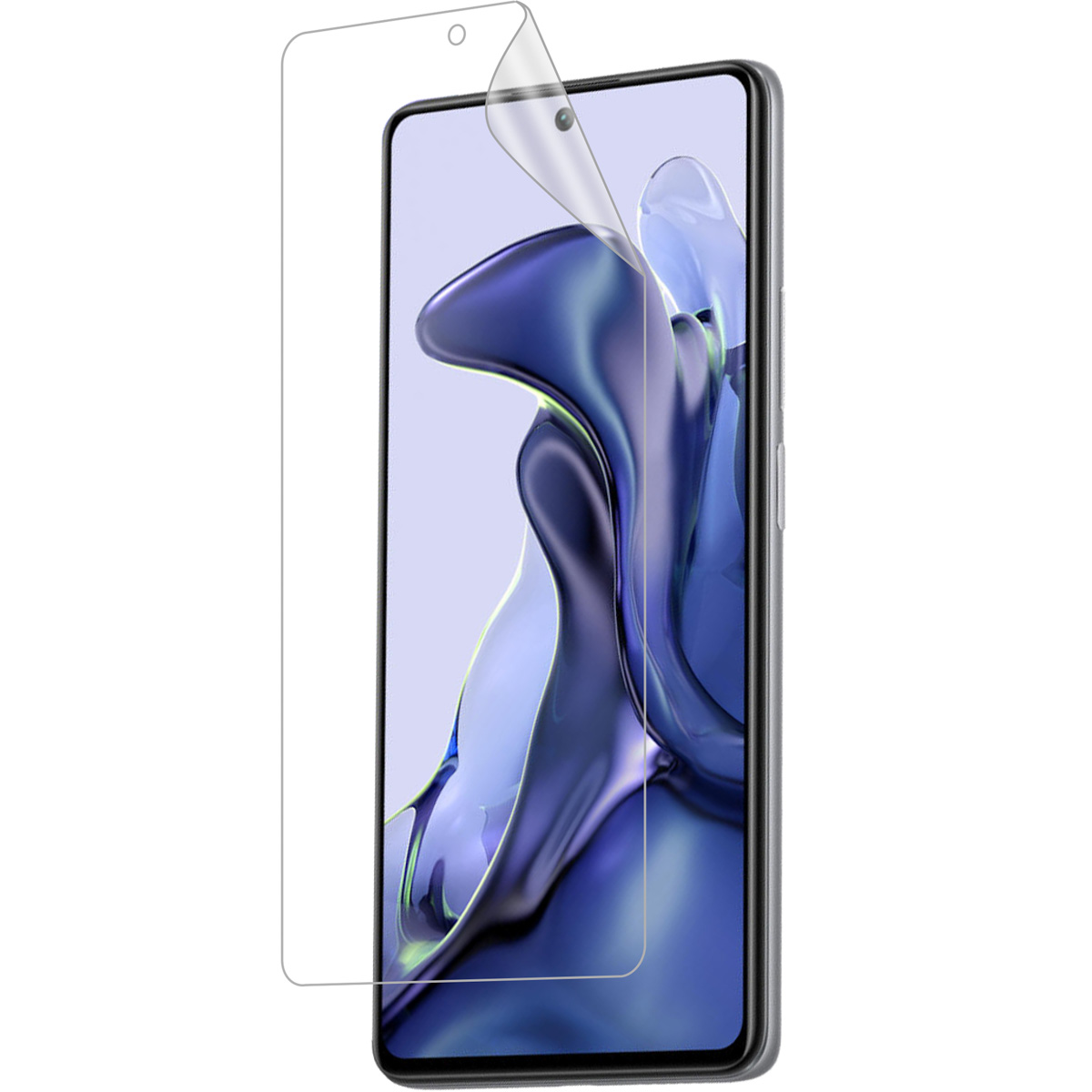 Phone with screen protector being applied. The screen is visible with a blue background.