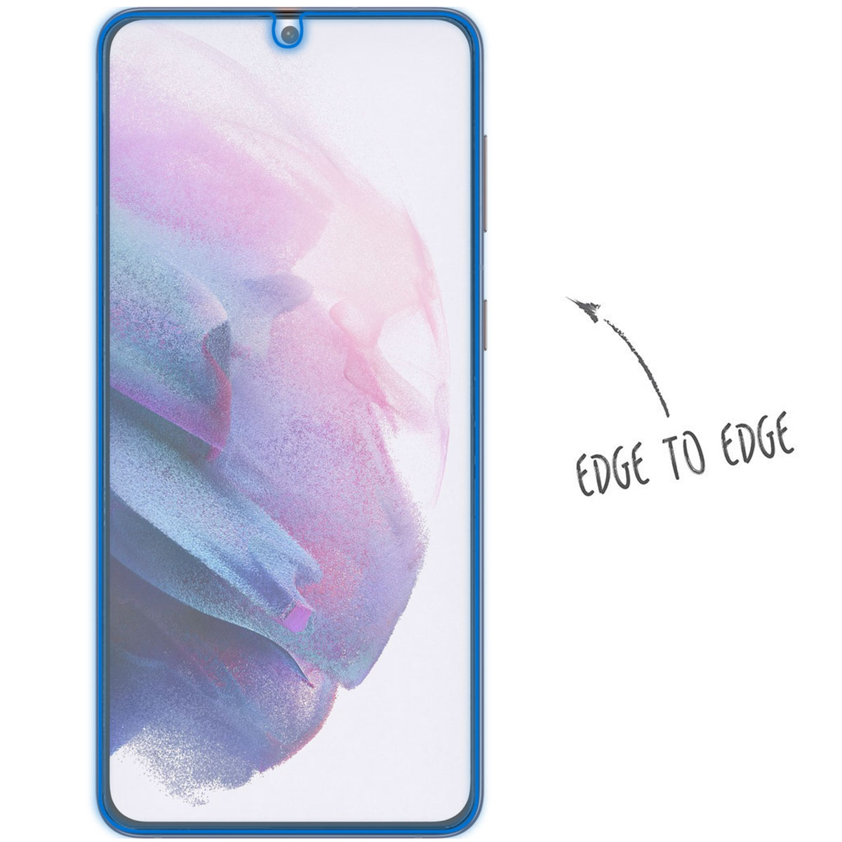 Smartphone screen with blue frame and 'EDGE TO EDGE' text with arrow, on white backdrop.