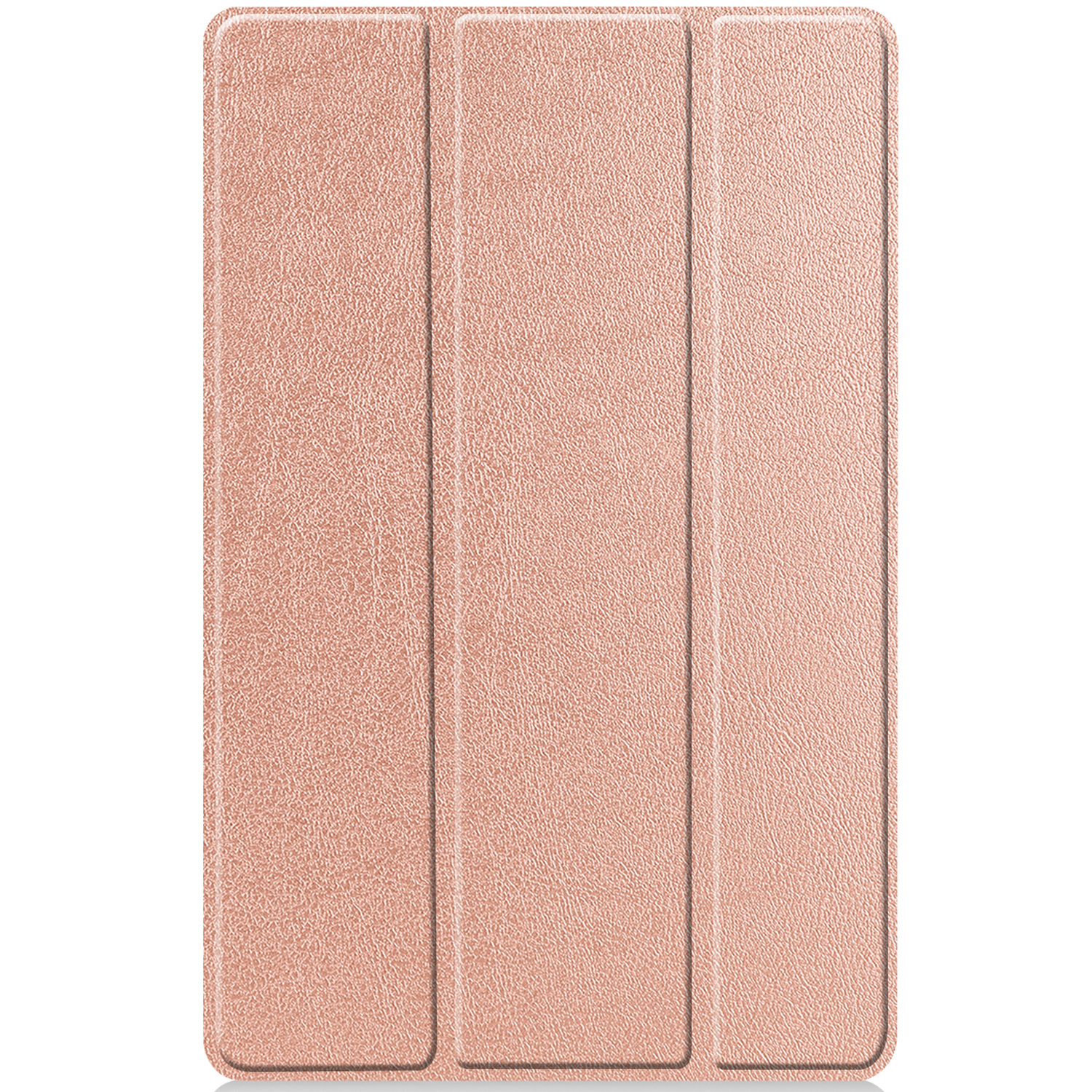A closed, rose gold tablet case with a textured surface. The case is folded.