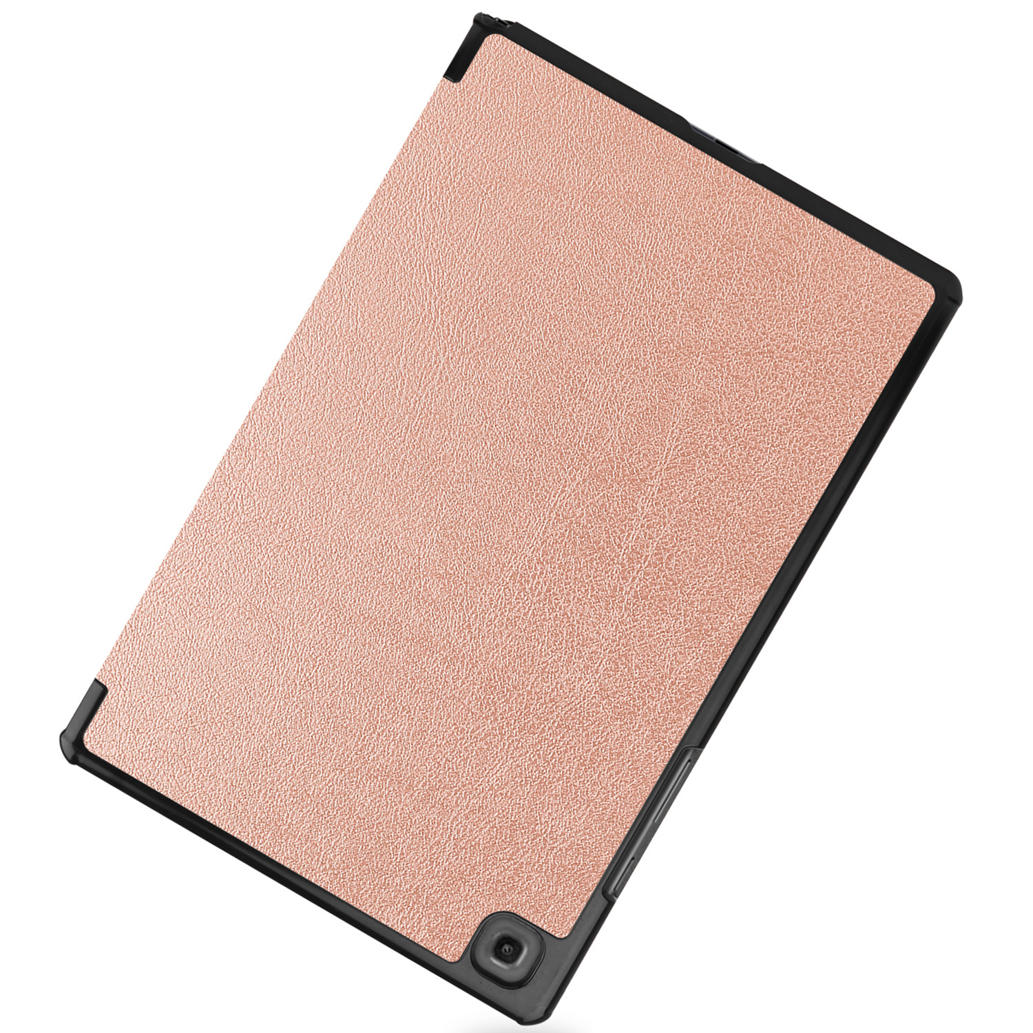 Tablet case, rose gold color, on white background. Black frame and a camera at the corner.