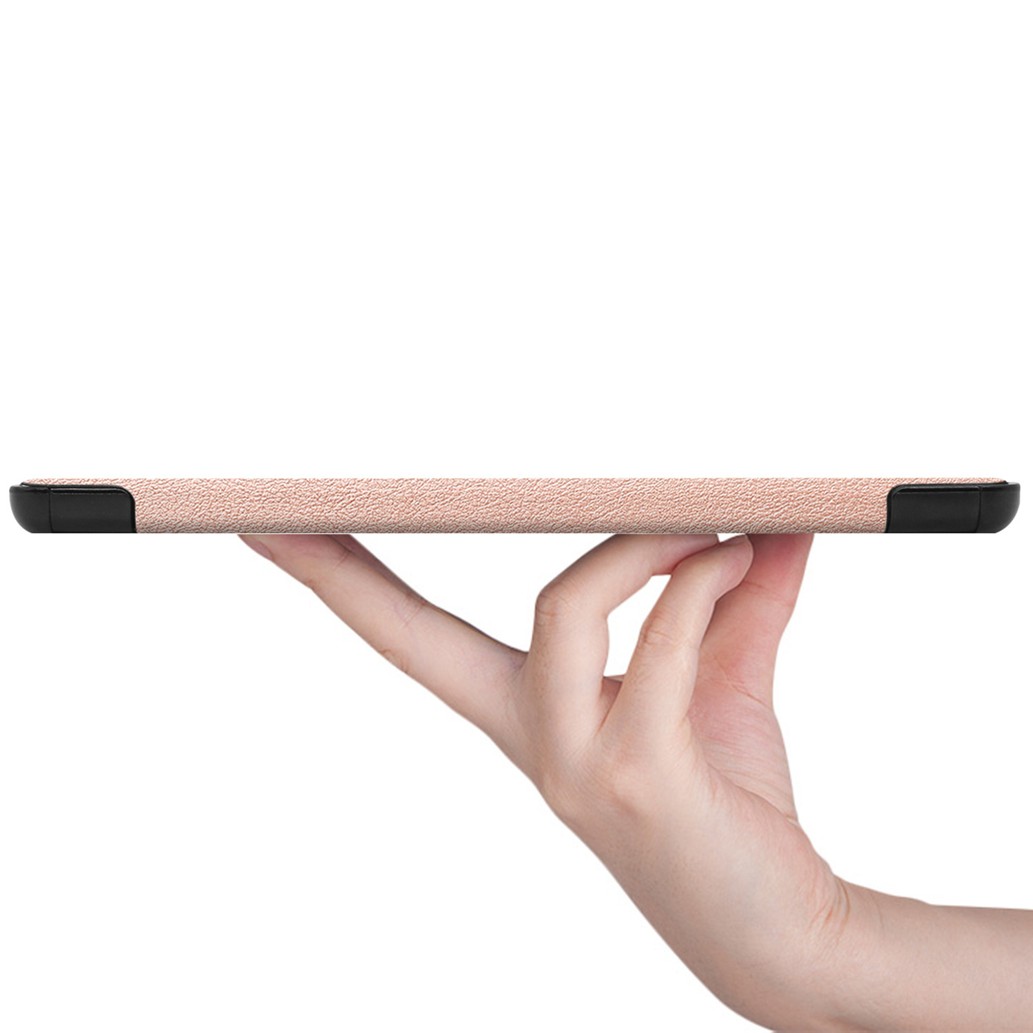 A hand holding a beige tablet case. The background is white.