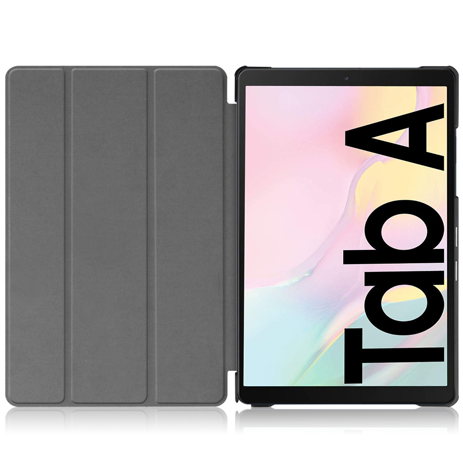 Gray tablet case opened, with tablet inside. The tablet has the word 'tab A' on it.
