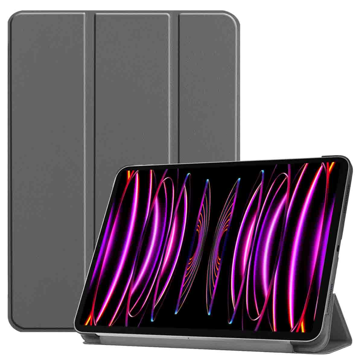 Tablet in a gray case, displaying a colorful abstract image on the screen.