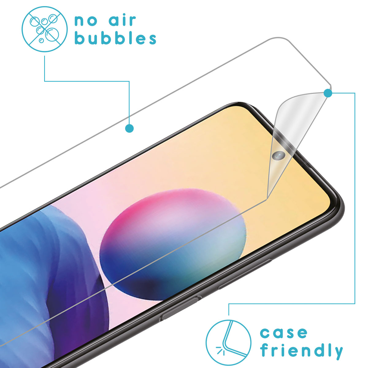 Screen protector being applied to a phone screen. The phone is on a surface, bubble free.