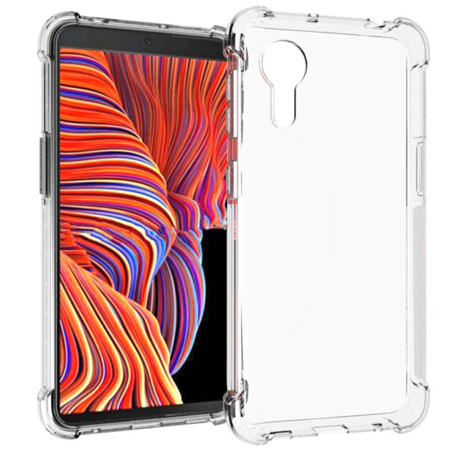 Telefoon in een doorzichtige hoes. De hoes heeft versterkte hoeken en een zwarte telefoon.