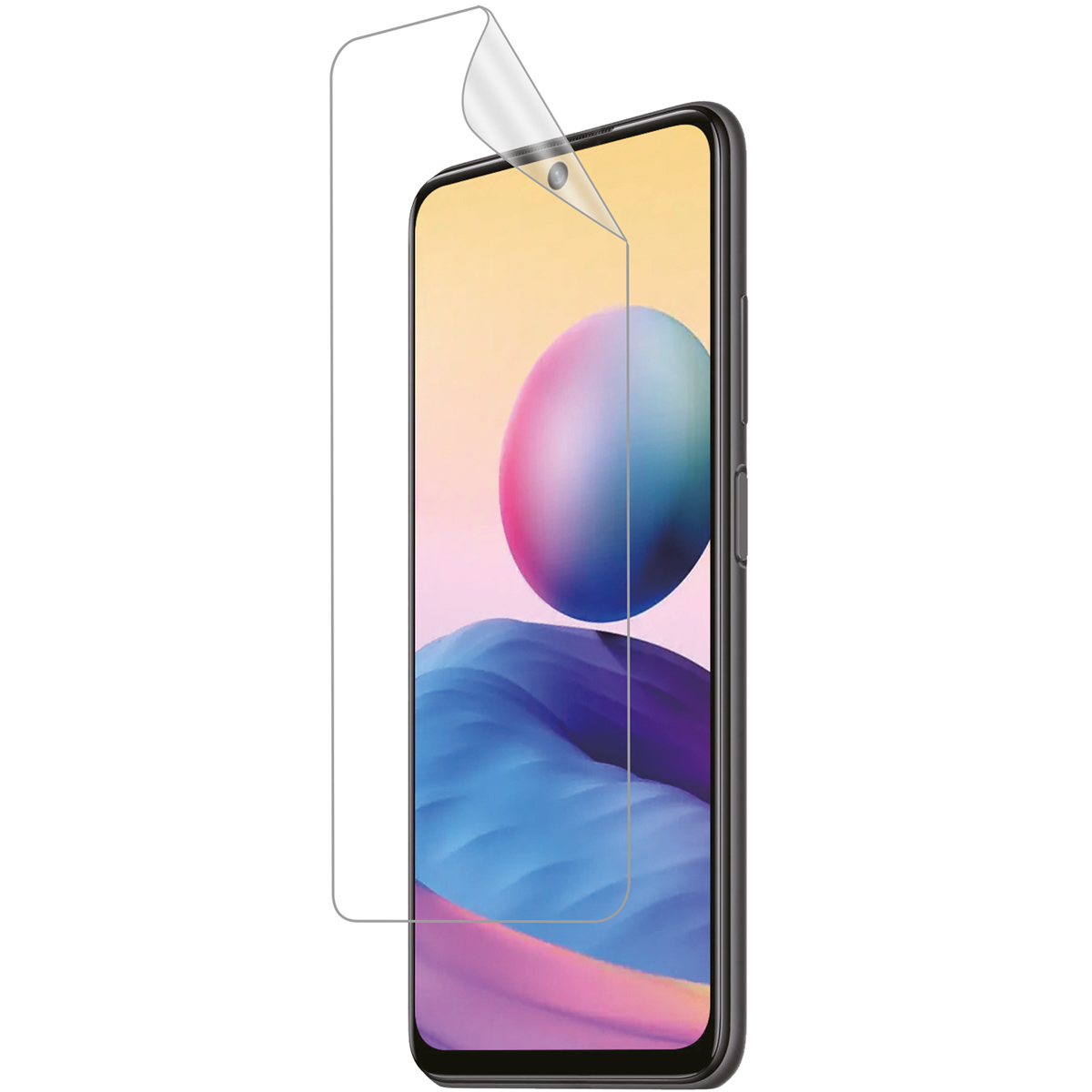 Clear screen protector being applied to a phone. The phone has a colorful background.