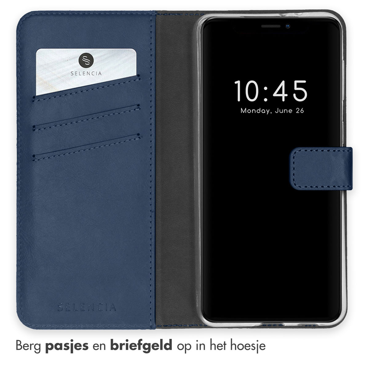 Blauwe telefoonhoes met kaartsleuven, met een kaart en tijd/datum weergave. Selencia merk.
