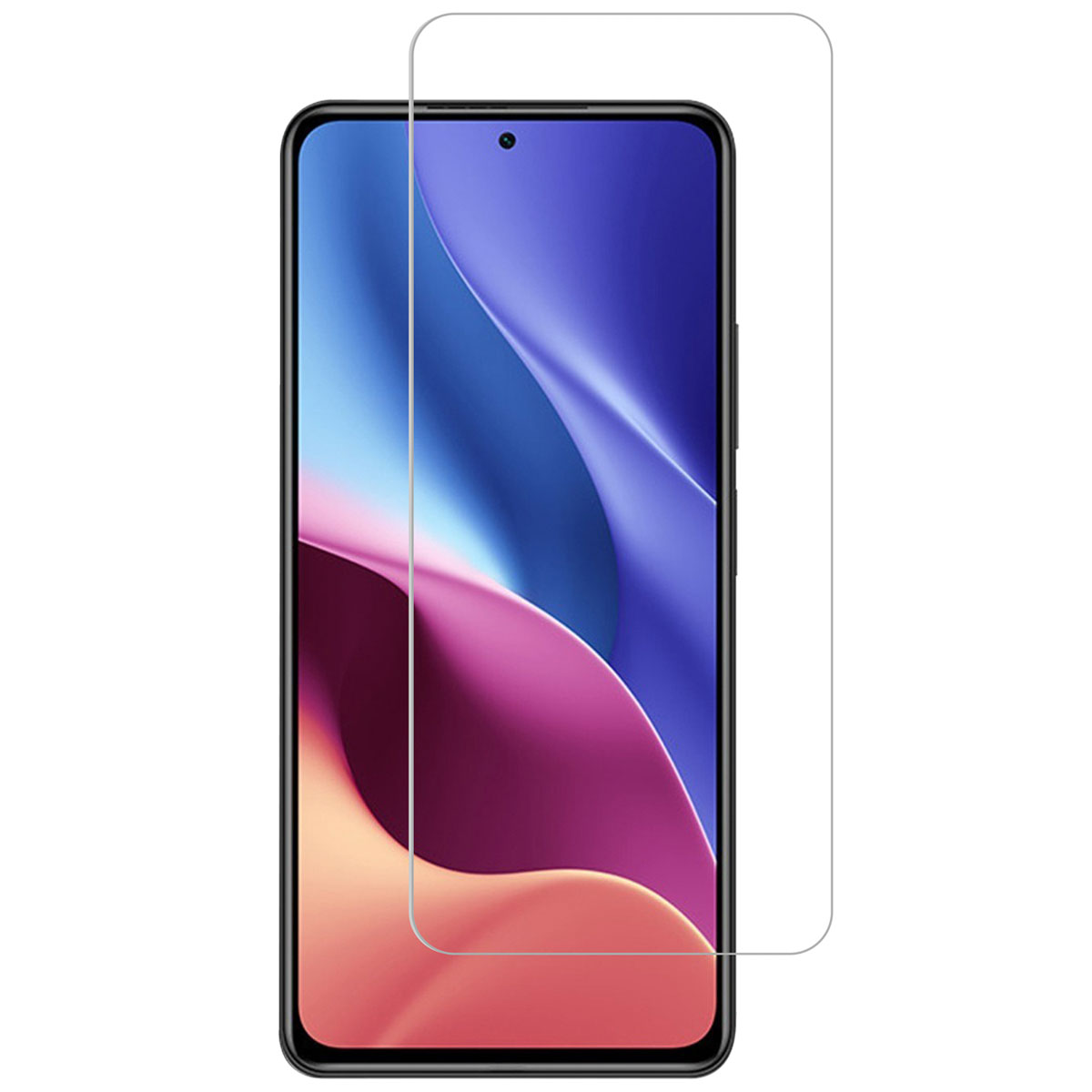 Een telefoon met screenprotector. De telefoon toont een kleurrijke, abstracte achtergrond.