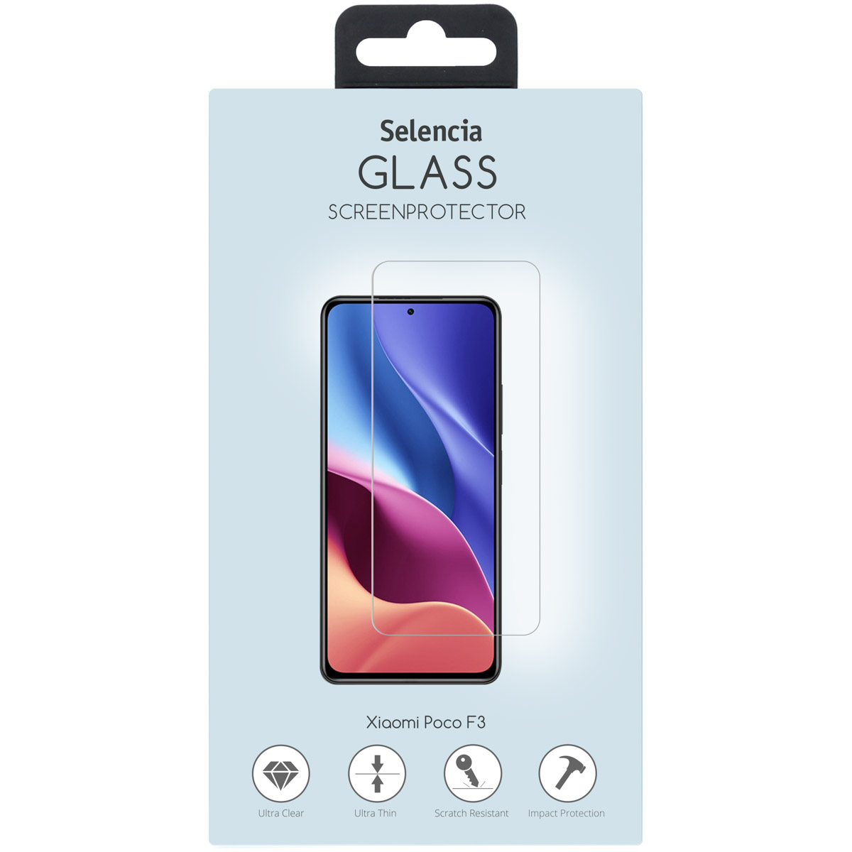 Verpakking van de schermbeschermer. De verpakking toont een telefoon en de beschermer op het scherm.