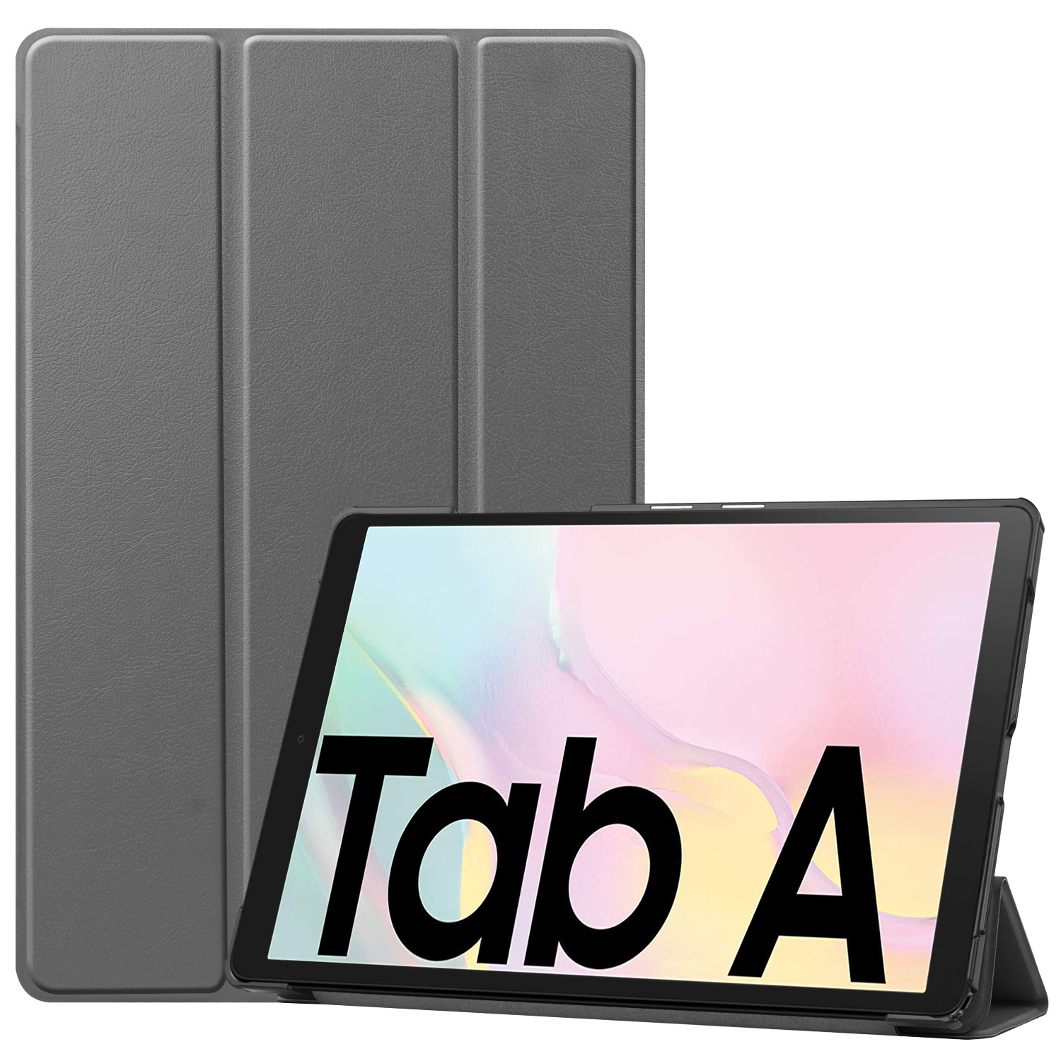 Gray tablet case with a tablet showing "Tab A" on the screen. A second case is behind it.