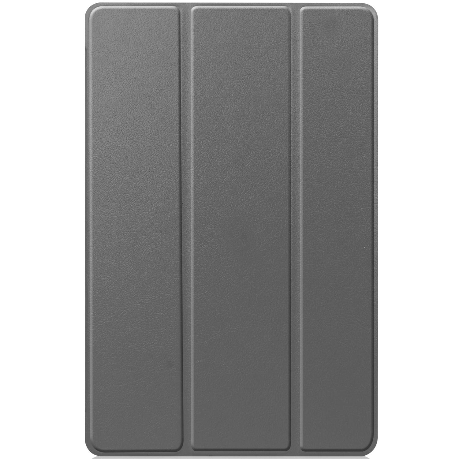 Grey tablet cover with three panels closed. The cover is made of a textured material.
