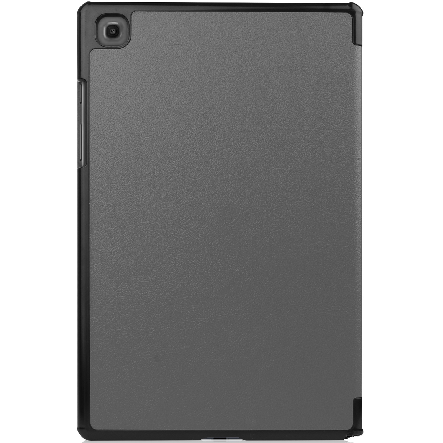 Tablet in a gray case. The case is closed, with a camera cutout. Black border.