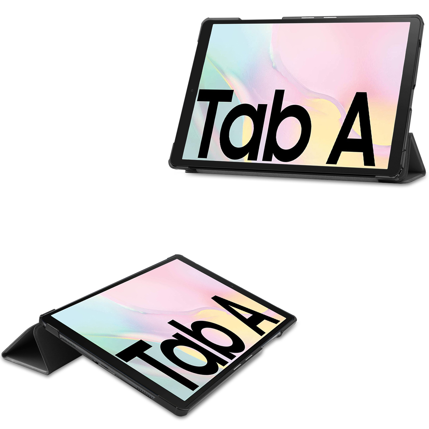 A tablet with a black case, showing the words 'Tab A' on the screen. Two views, open and closed.