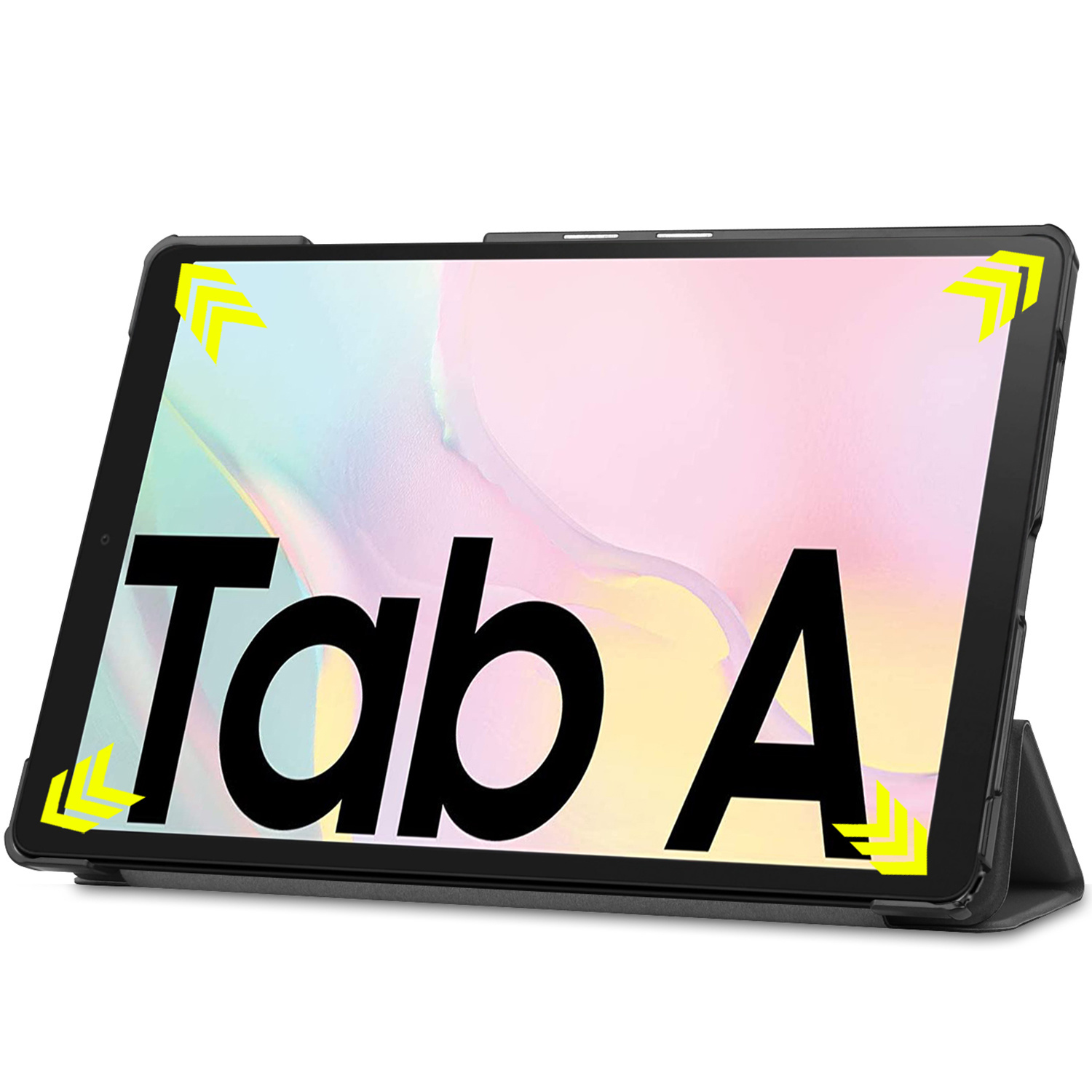 Tablet in a case with text 'Tab A'. Arrows are shown on the screen.