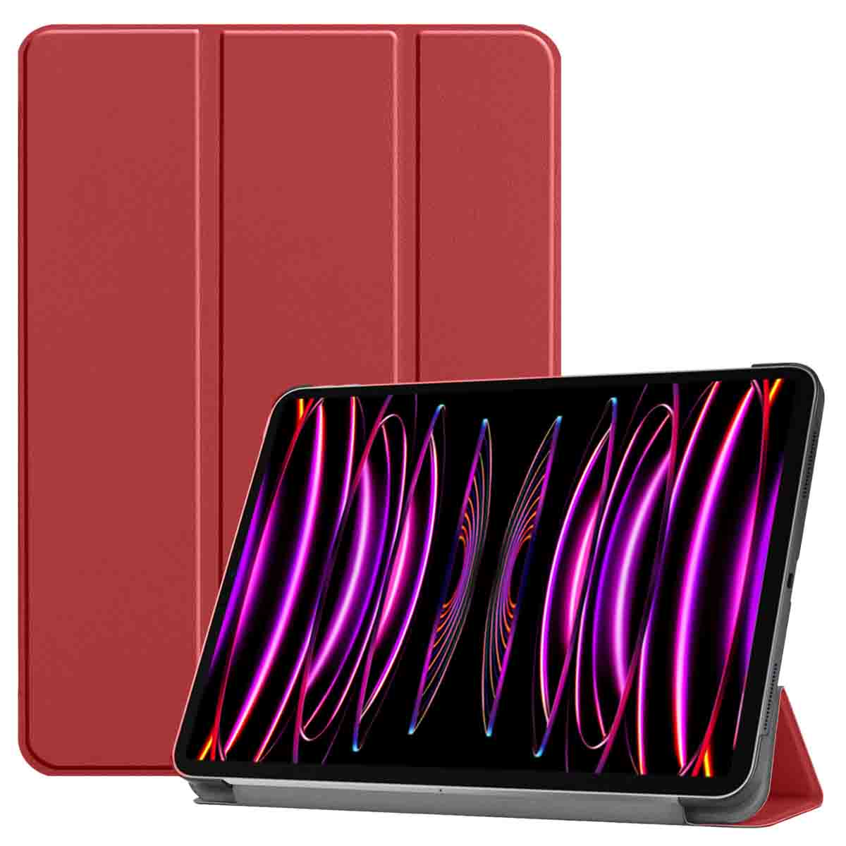 Red tablet case open, holding a tablet with a vibrant, colorful screen display.