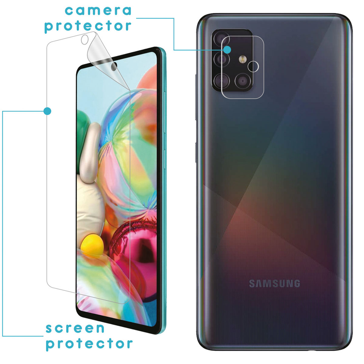 Phone and screen protector. Protector on the left side, phone on the right. Protector is transparent. Phone is teal.