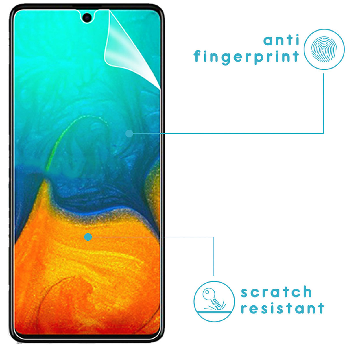 Phone with screen protector applied. Labels say anti-fingerprint and scratch resistant.