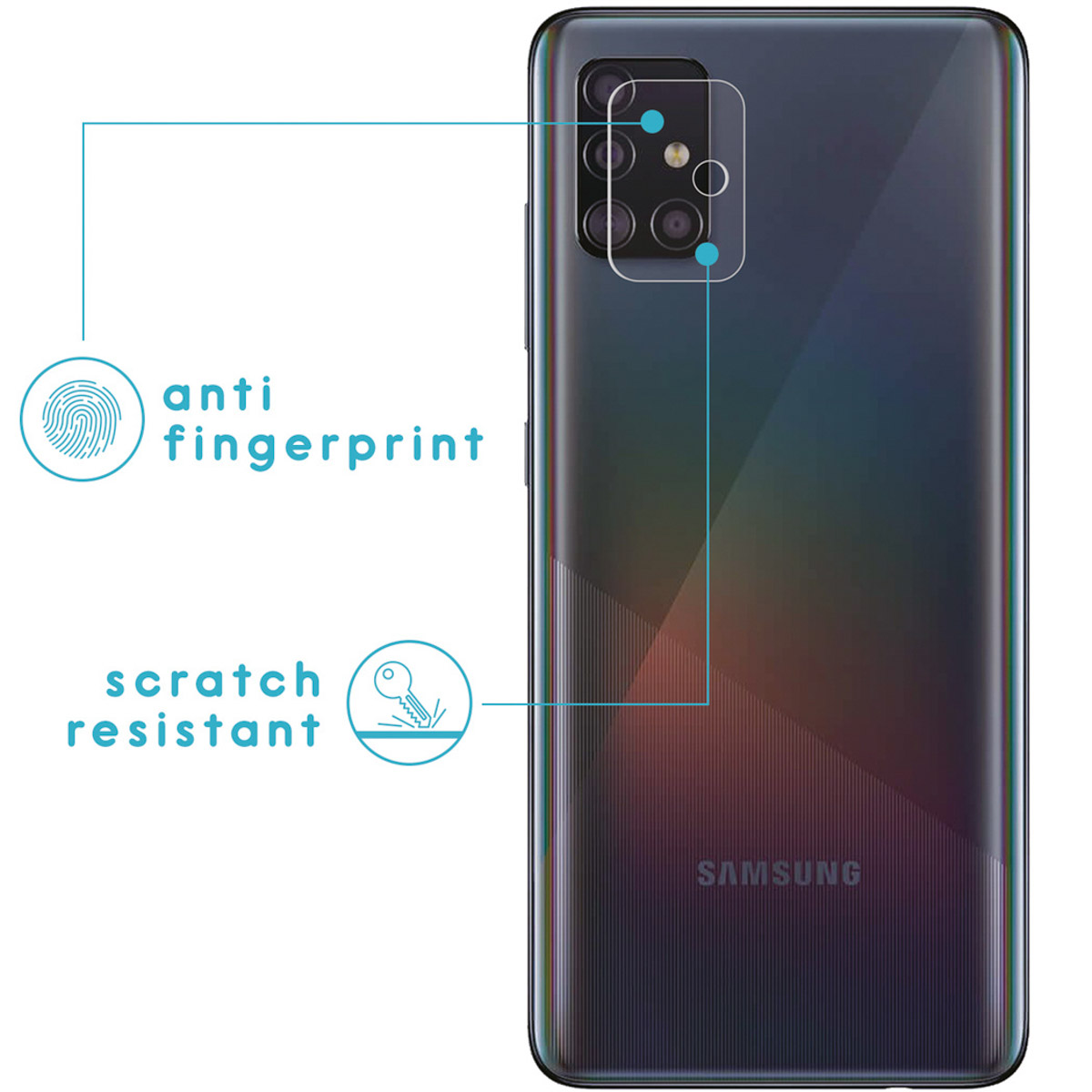 Phone back, blue-purple gradient. A screen protector over the camera lenses.