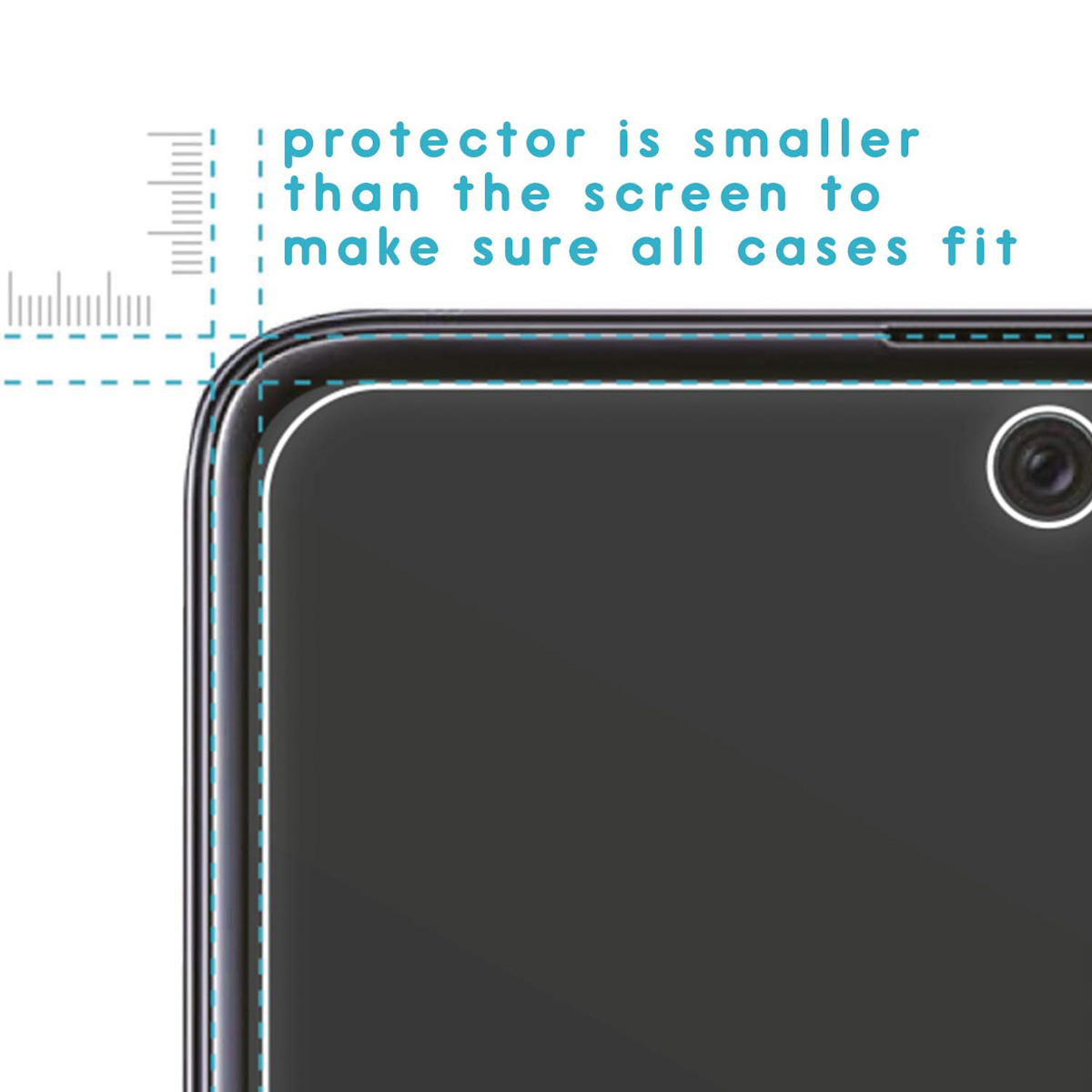 Close up of a phone screen protector. Text: 'protector is smaller than the screen'.