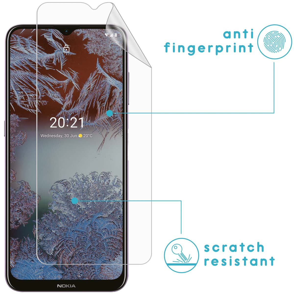 Phone with screen protector applied. Labels say anti-fingerprint and scratch resistant. Shows a winter scene.