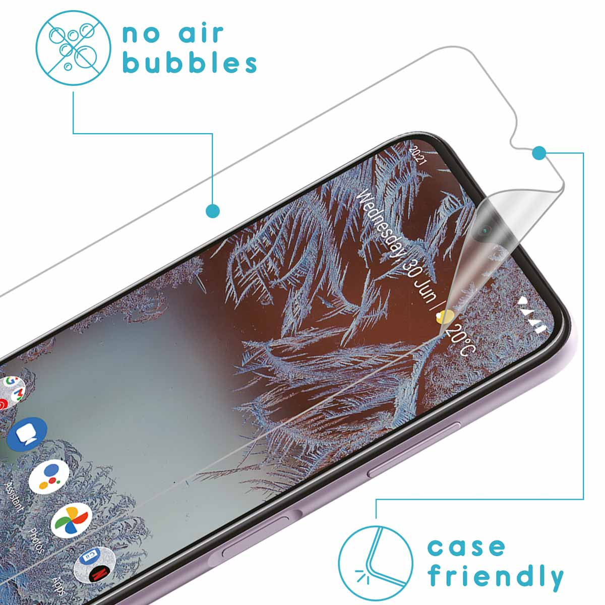 A phone with a screen protector applied. The screen shows apps and the text 'no air bubbles'.