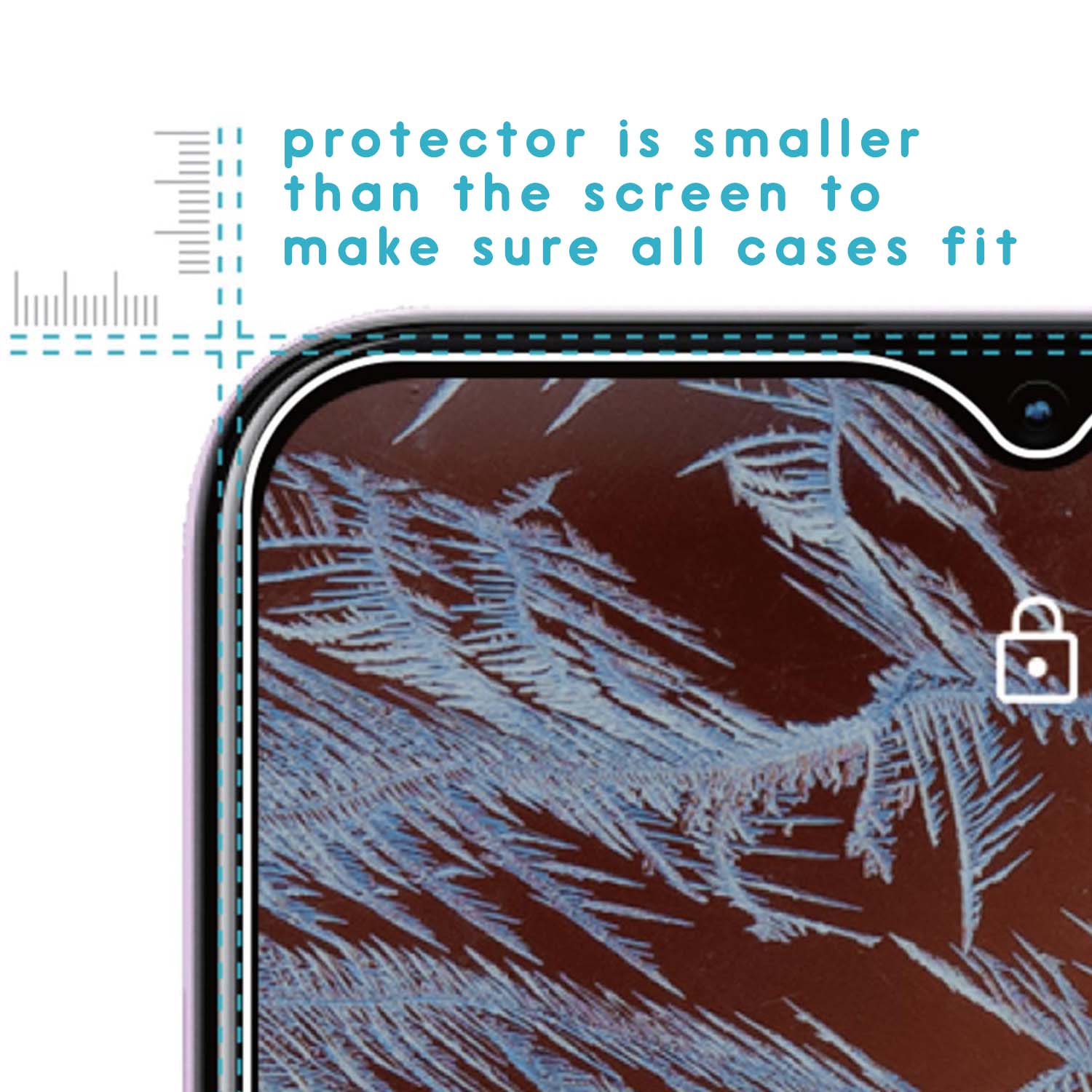 Close-up of phone's screen protector. The protector is smaller than the screen to ensure compatibility with cases.