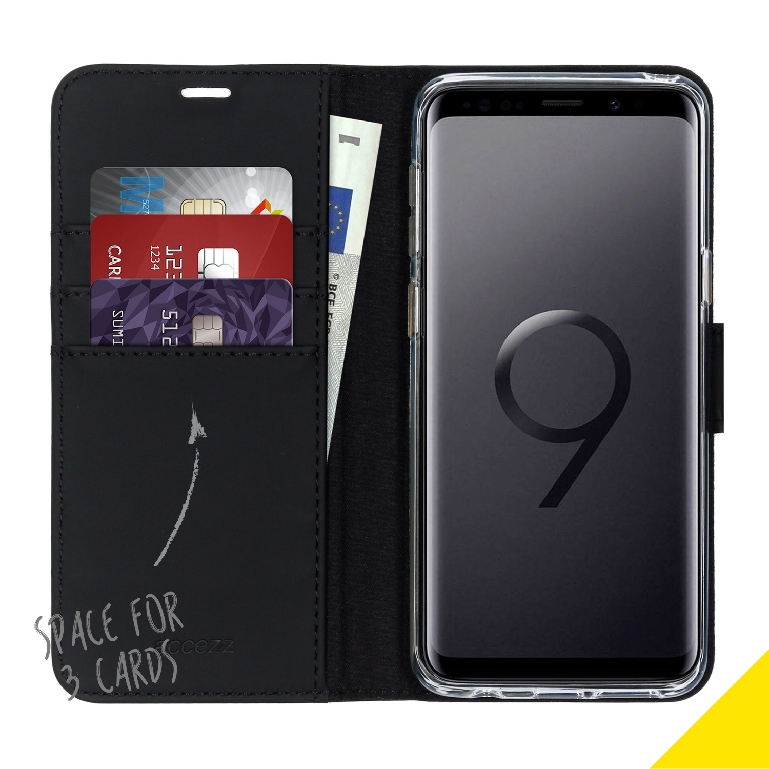 Zwarte telefoonportemonnee geopend, met kaarten en een biljet. Telefoon zichtbaar.