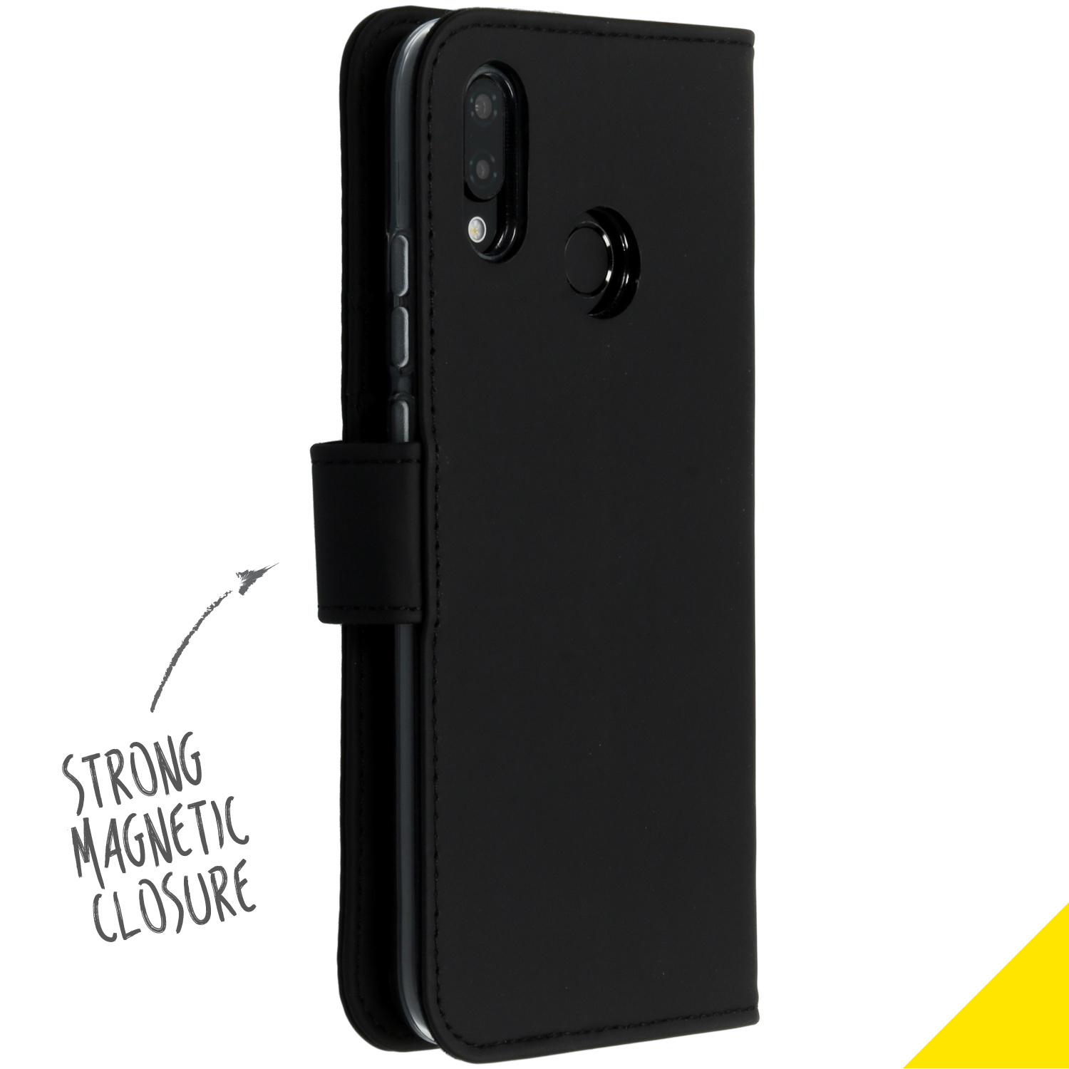 Custodia nera per telefono di profilo. Chiusura magnetica visibile con una freccia.