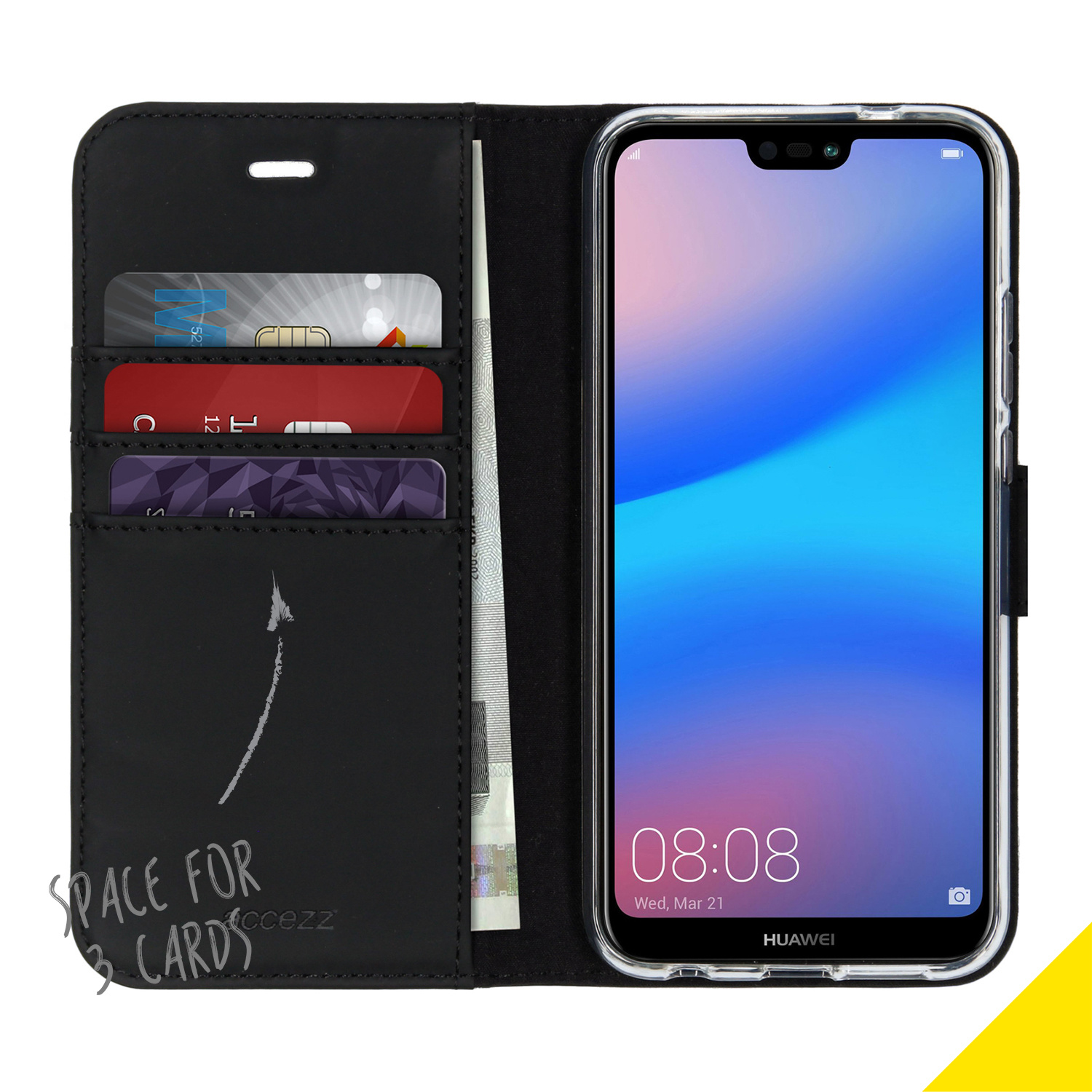 Custodia nera per telefono aperta con carte e telefono all'interno. Il telefono mostra l'ora. Spazio per 3 carte.