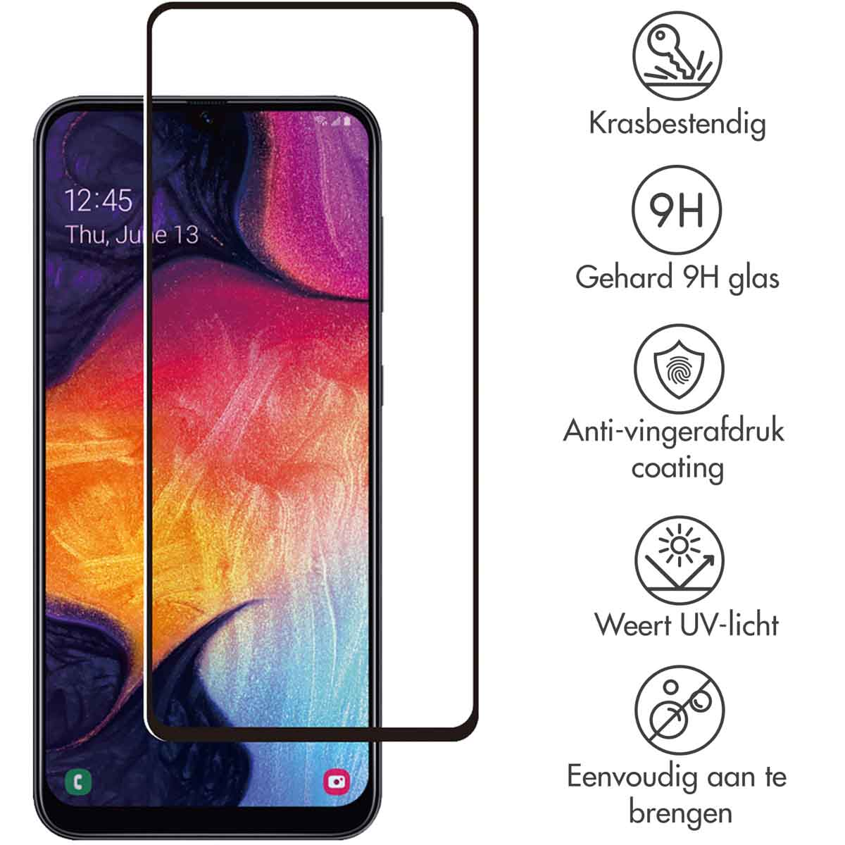 Phone with screen protector. Shows 9H glass, anti-fingerprint coating and UV light protection, easy to apply.