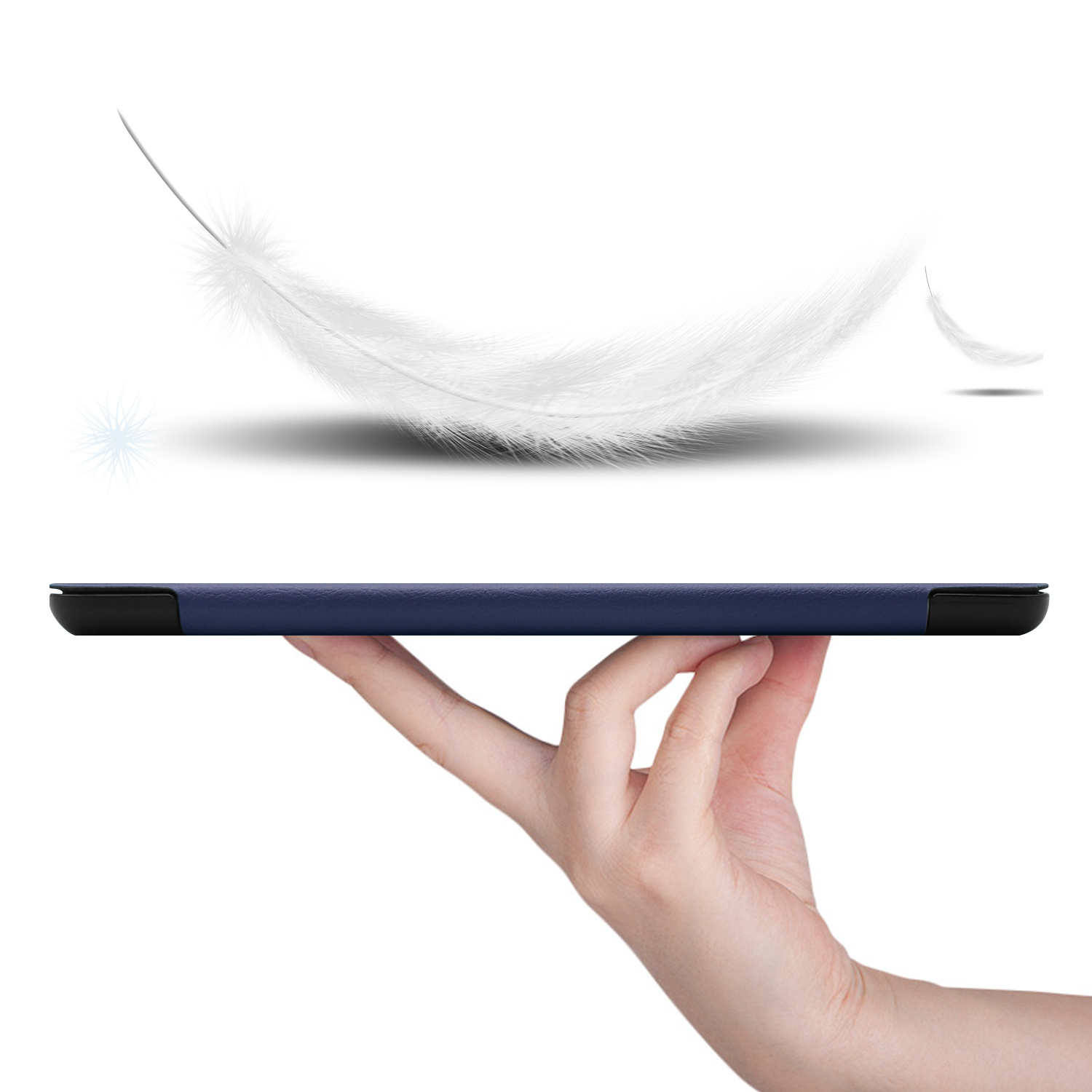 A hand holding a tablet, with white feathers floating above, against a white background.