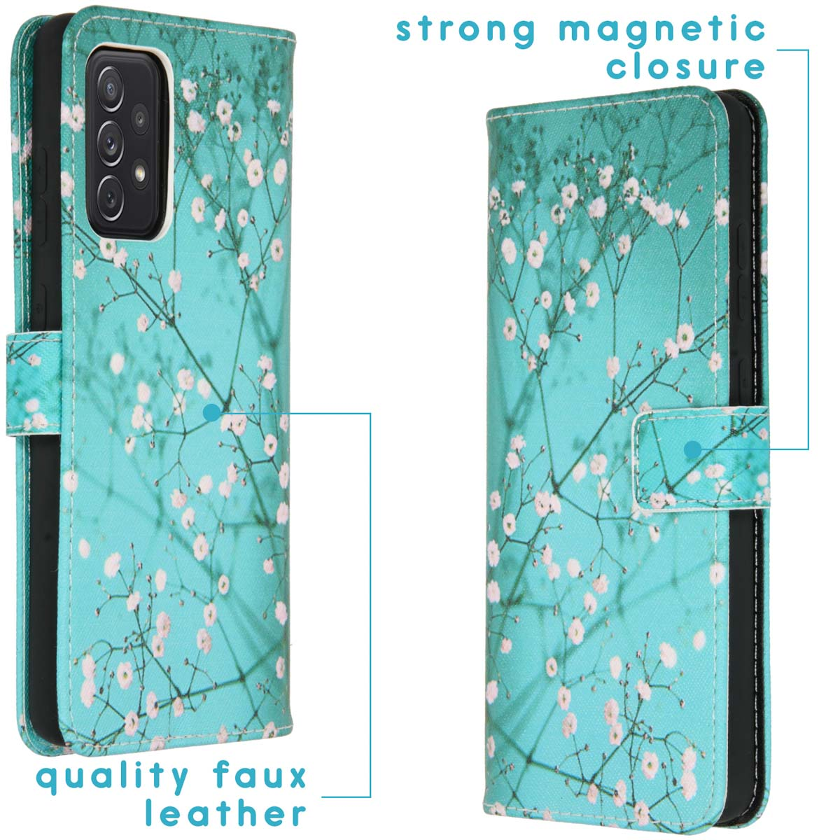 Coque de téléphone avec un motif floral, montrant l'avant et l'arrière. La fermeture est magnétique, en similicuir.