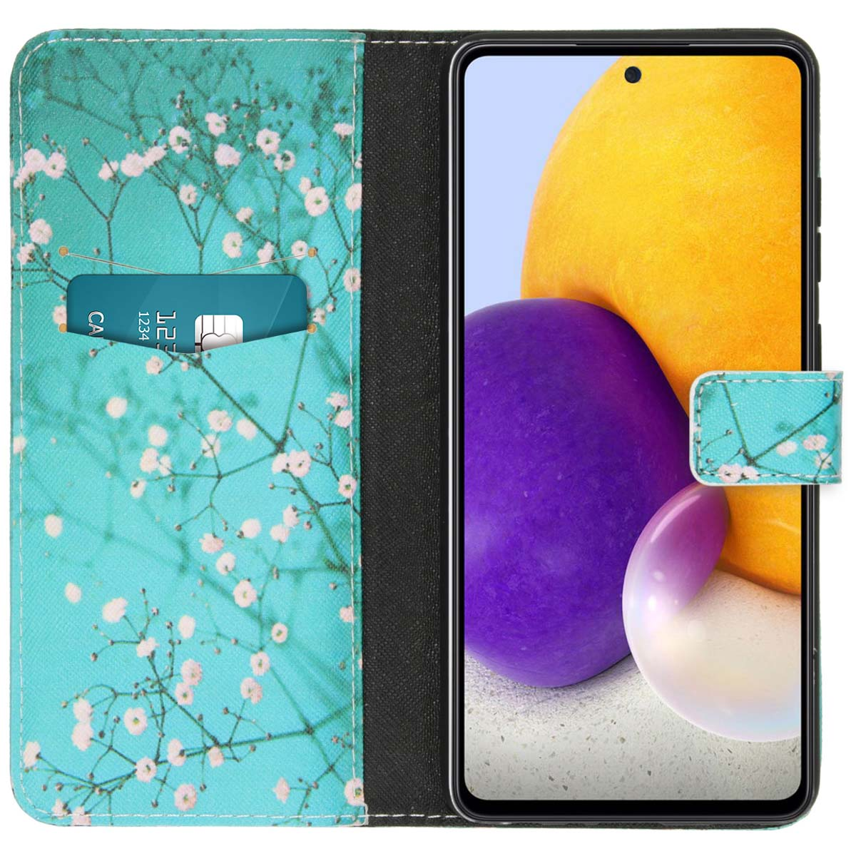 Un téléphone à l'intérieur d'un étui turquoise ouvert avec un motif floral. Une carte est dans une poche.