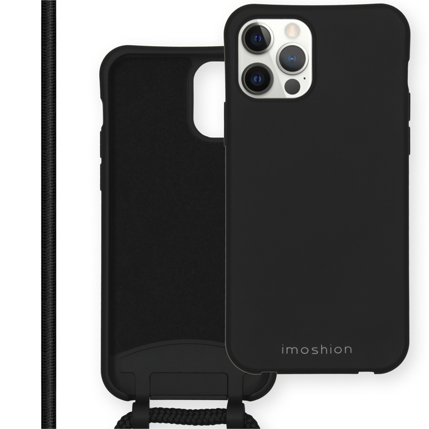 Coque de téléphone noire avec une sangle noire attachée. La coque a une surface lisse et non texturée.
