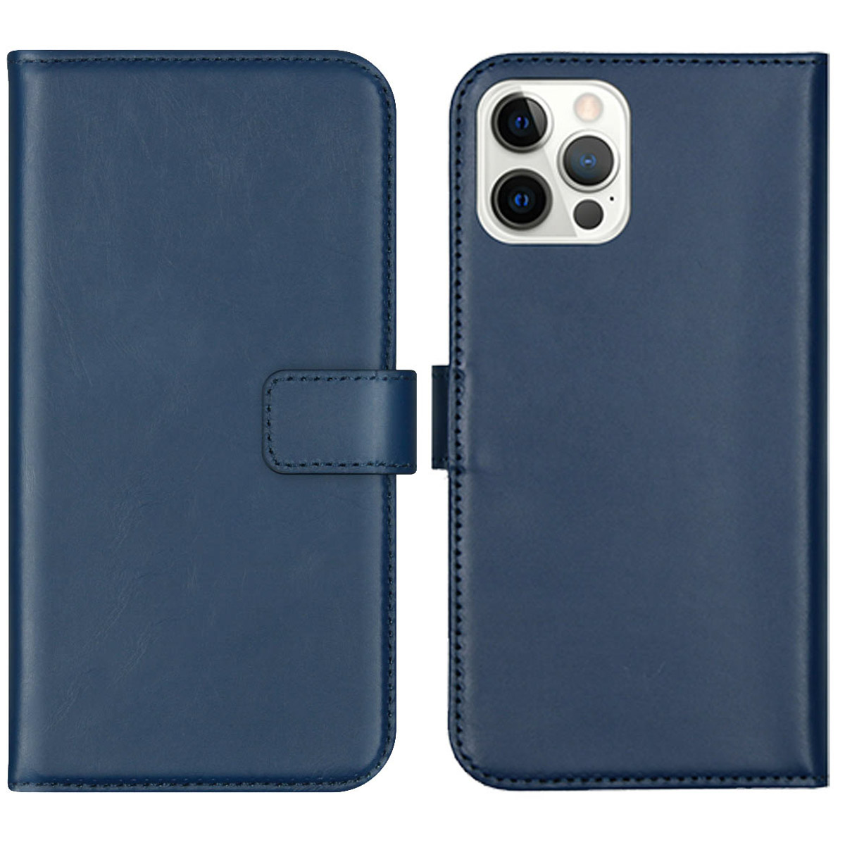 Blauwe leren telefoonhoes open en dicht, met een knoopsluiting en een telefoon met zichtbare camera's.