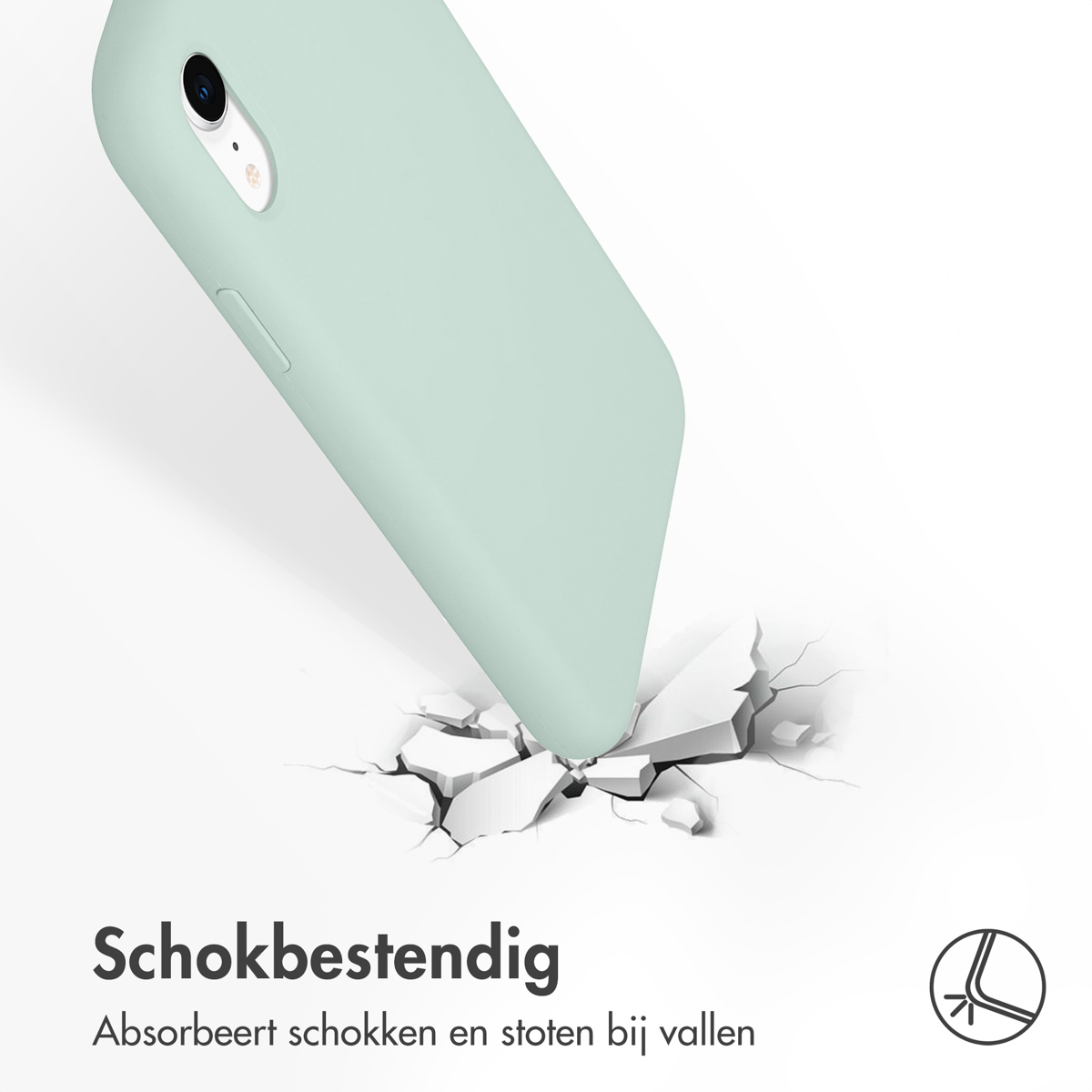 Coque de téléphone verte tombant et cassant le sol. Texte : Antichoc.