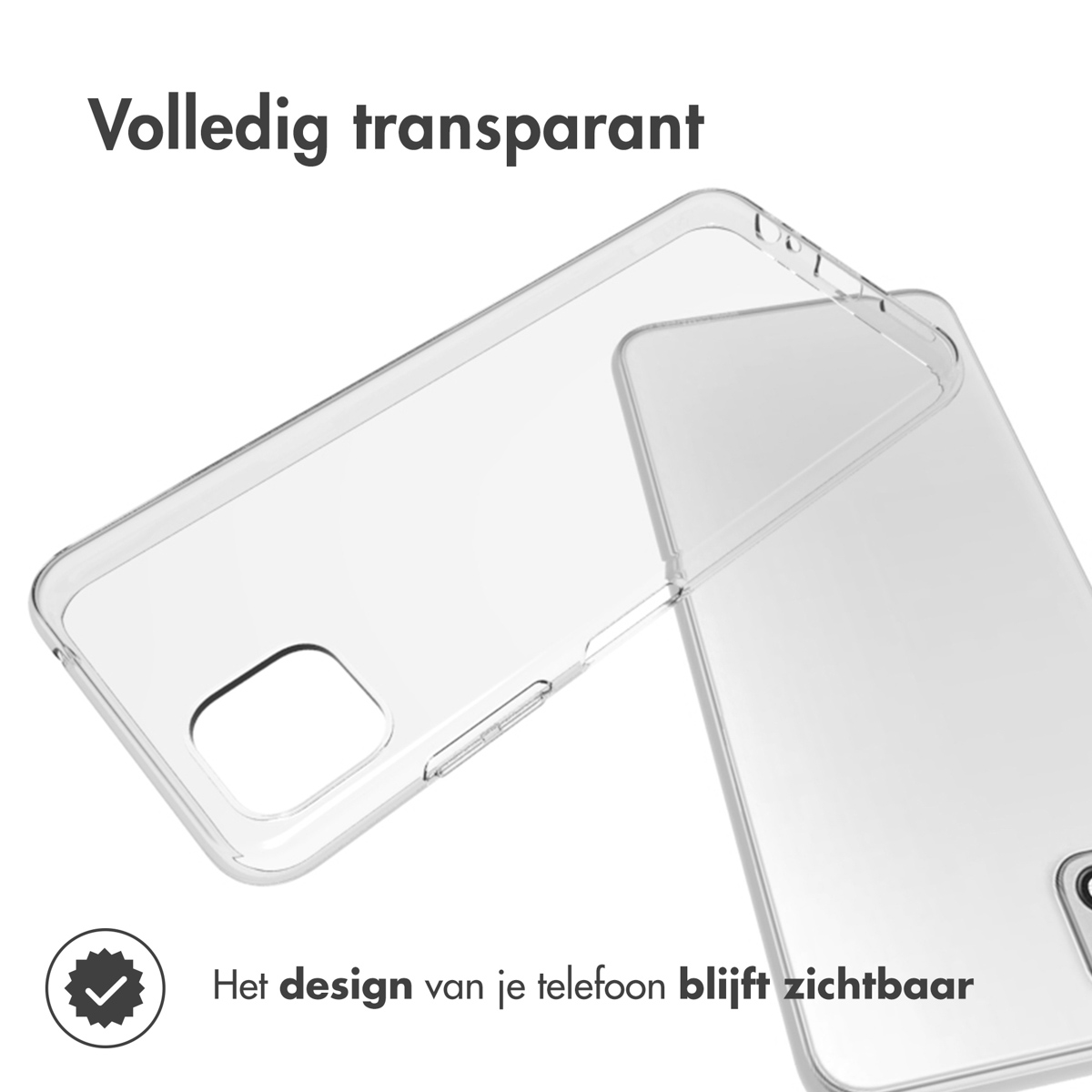 Clear phone case, partially open. Text says 'completely transparent' and 'design remains visible'.