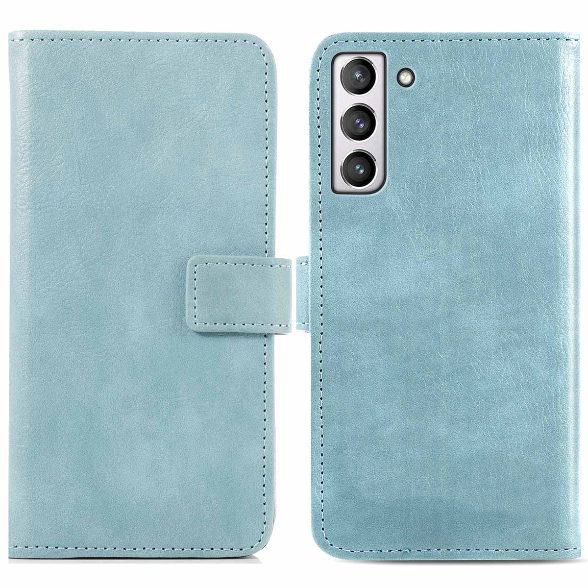 Blauwe telefoonhoes open met een telefoon erin, de achterkant met camera's tonend.