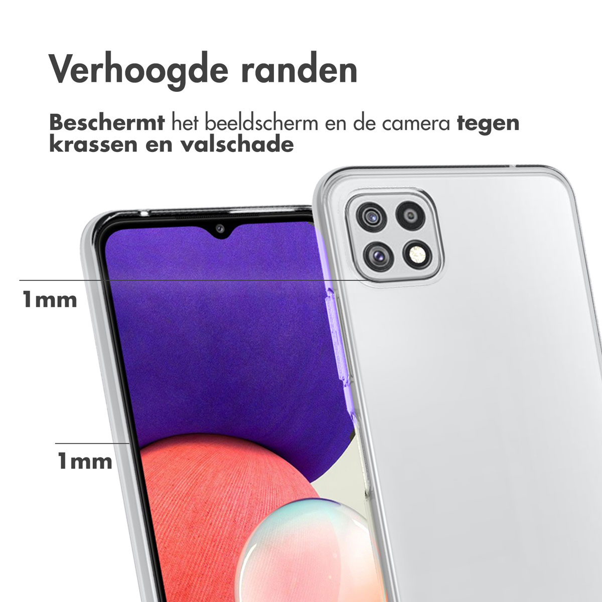 Telefoonhoesje met verhoogde randen. De hoes heeft een transparante achterkant. Het is 1 mm dik.