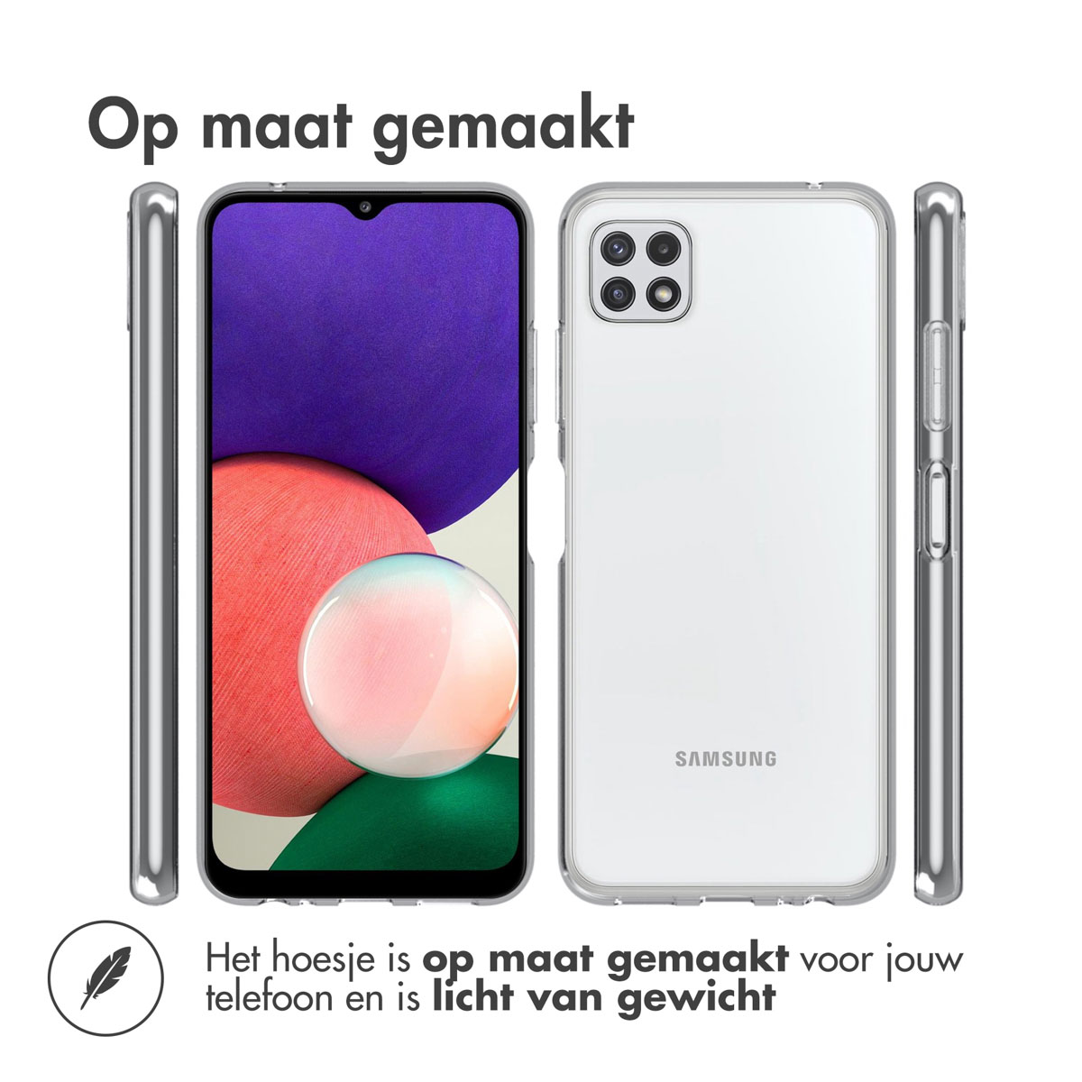 Witte telefoonhoes met telefoon en twee zijkanten. Tekst: “Op maat gemaakt”.