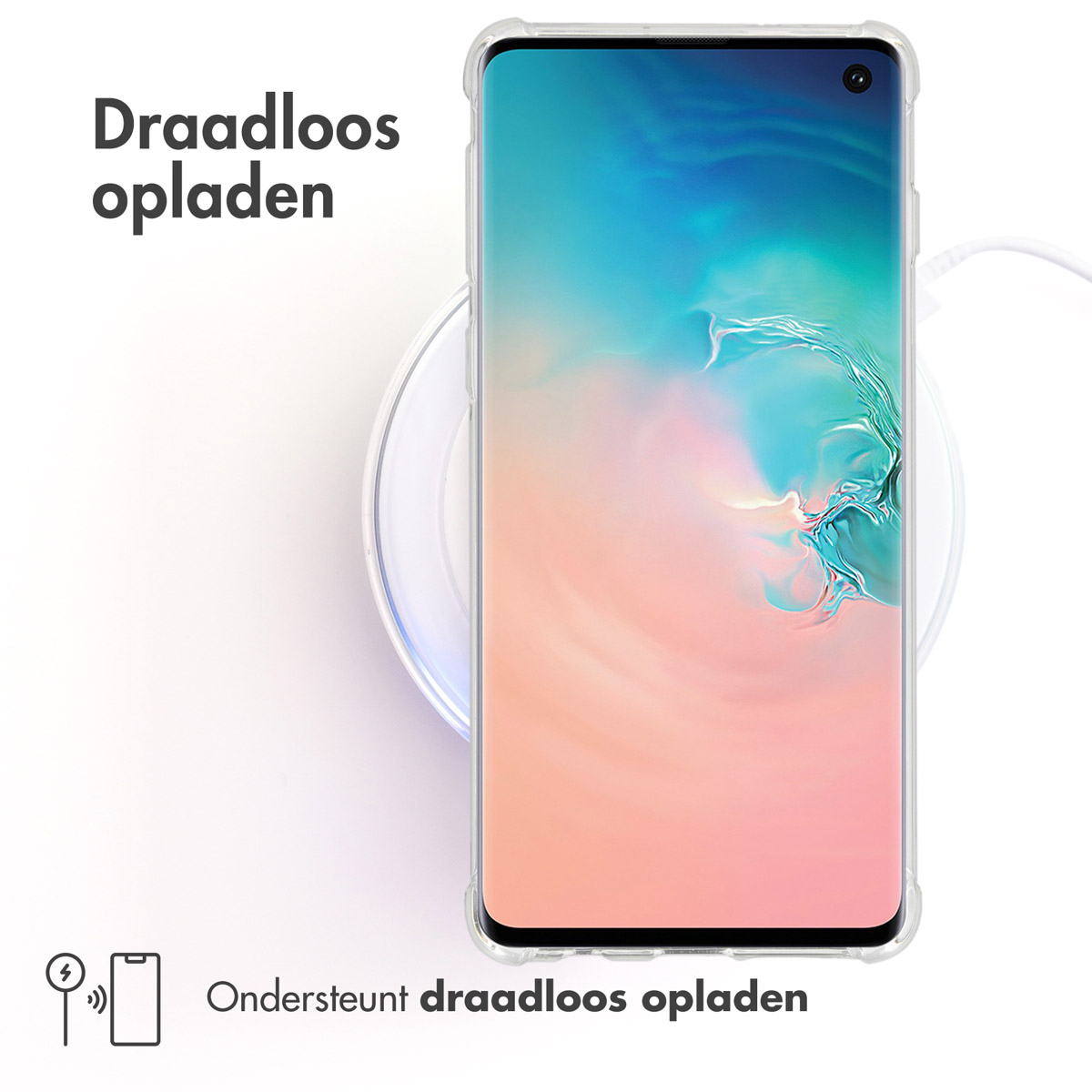 Telefoon in een doorzichtige hoes, draadloos opladen, met de woorden 'Draadloos opladen'.