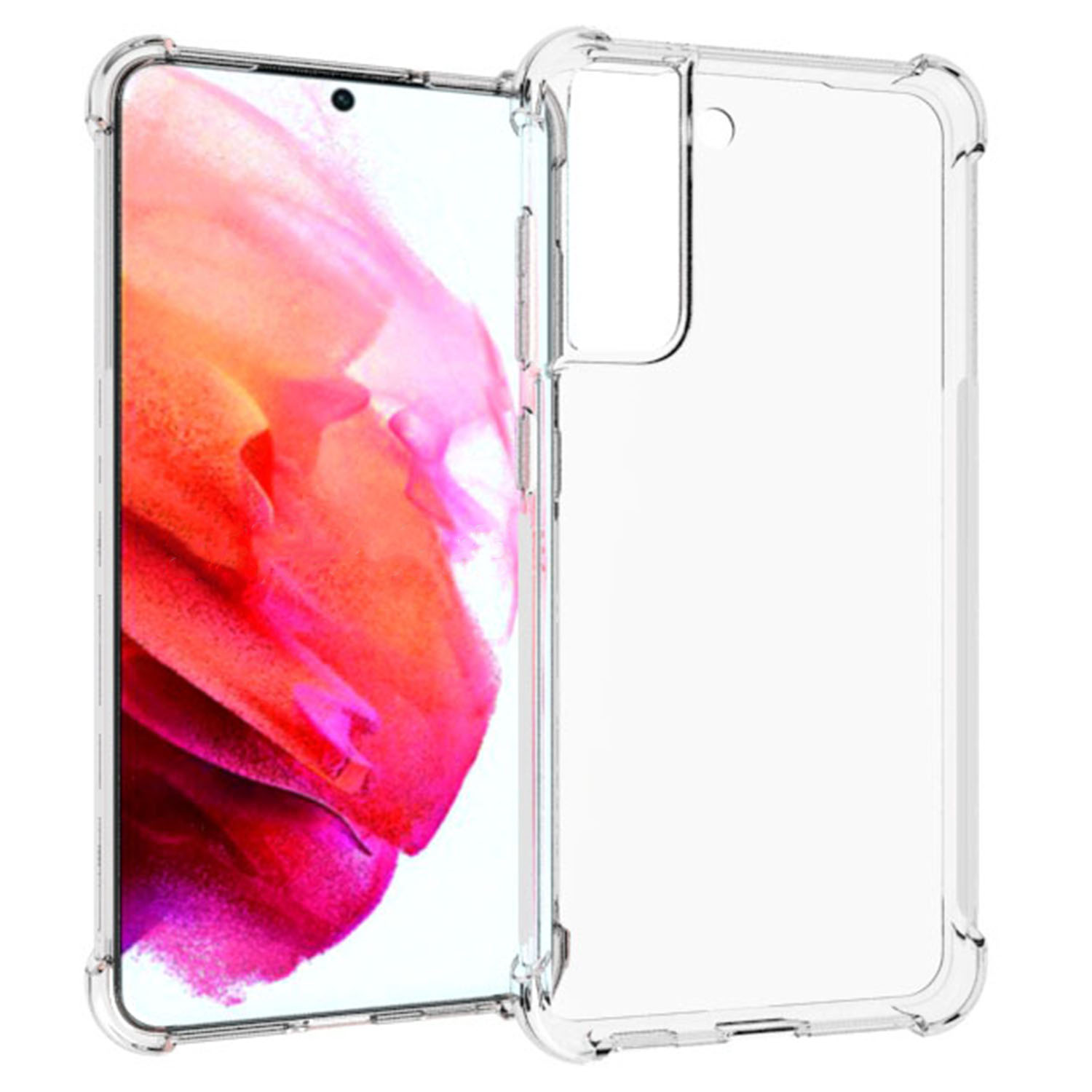 Transparante telefoonhoes met telefoon. De telefoon toont een abstracte, kleurrijke achtergrond.
