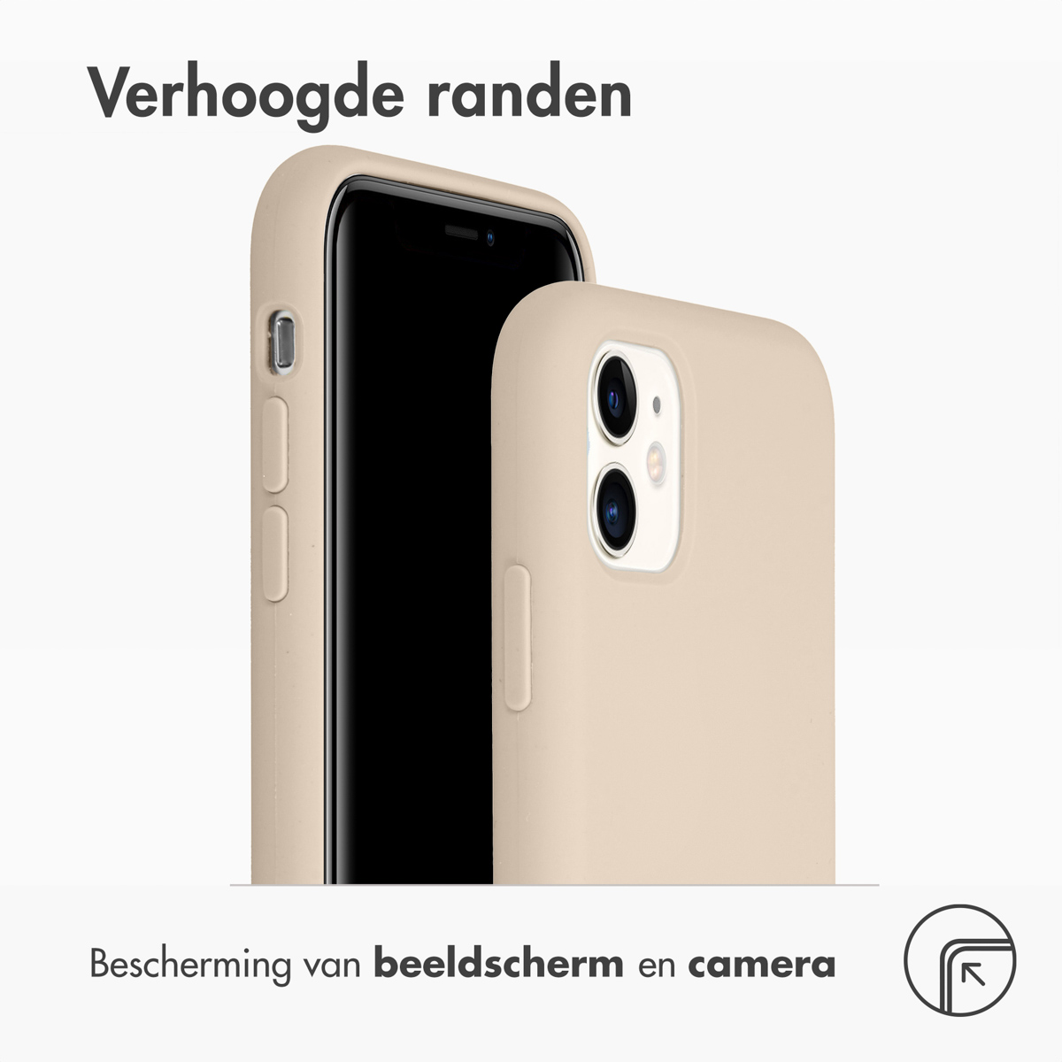 Téléphone avec étui clair et fond blanc. Le texte dit 'Verhoogde randen' et 'Bescherming'.