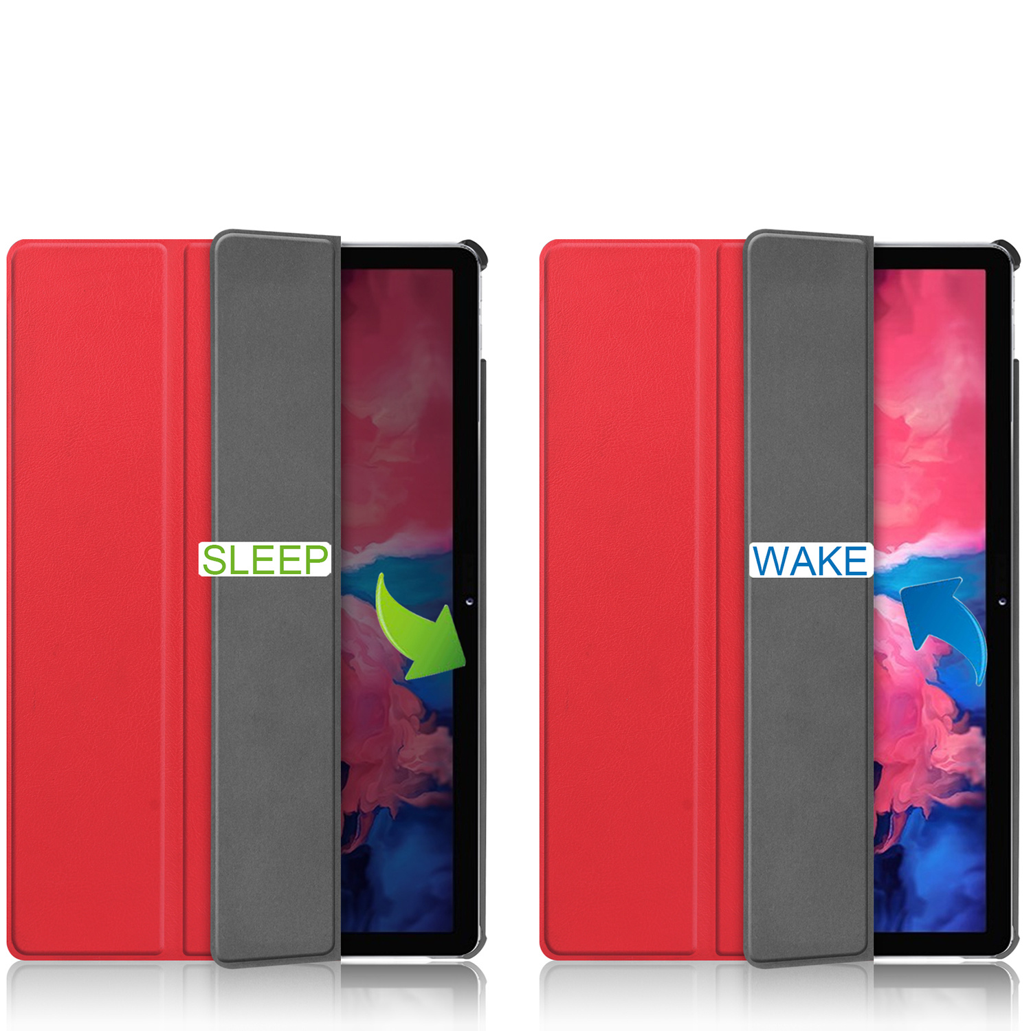 Rode tablethoes, open en dicht. De open hoes toont het scherm van de tablet.