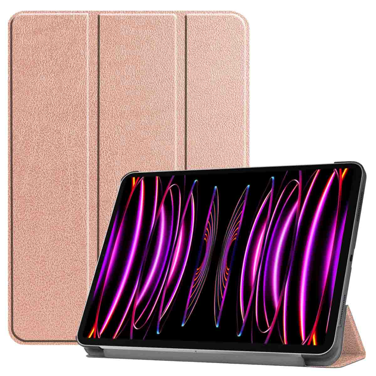 Tablet with a rose gold case, standing up, showing a bright neon-colored screen.