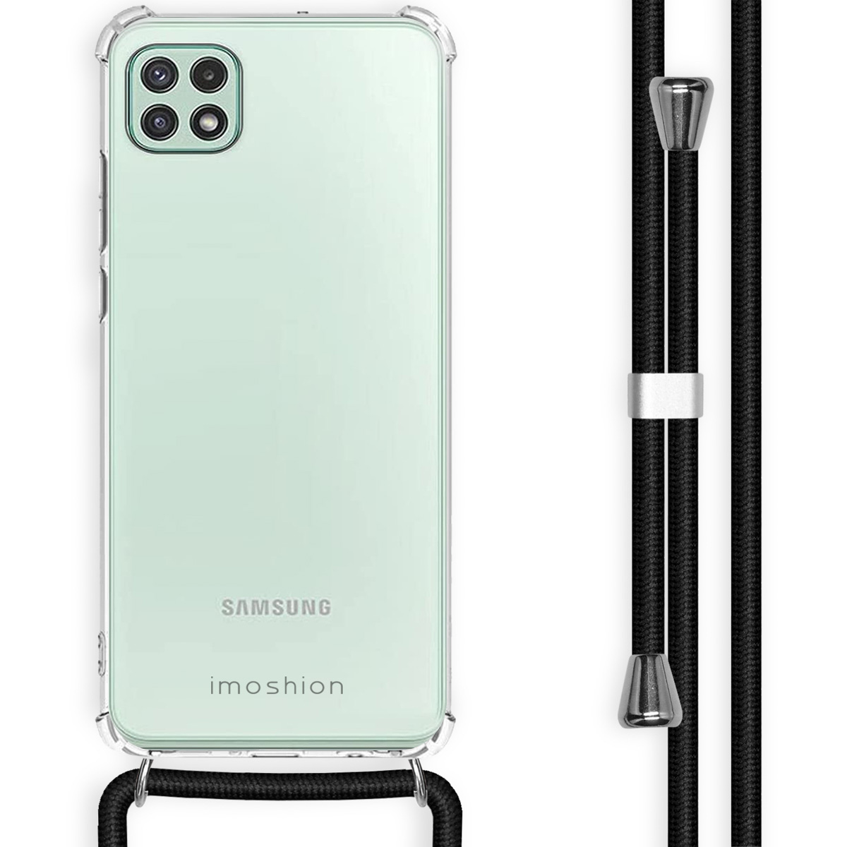 Transparante telefoonhoes met een telefoon en een koord. De hoes heeft een mintgroene achterkant.